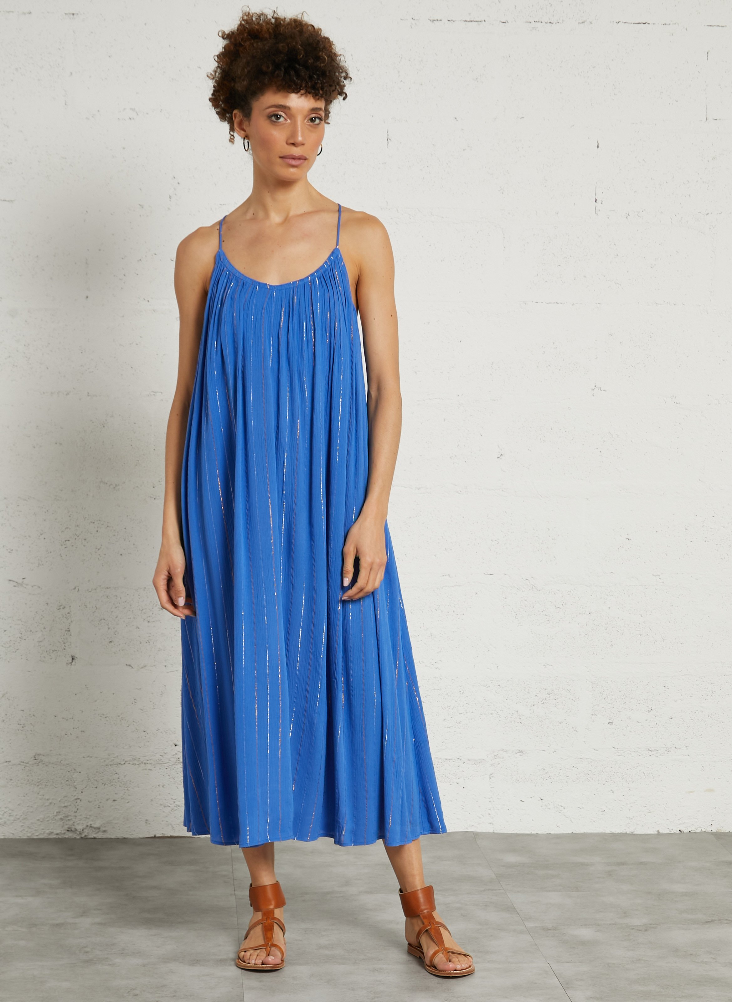 Wijdvallende mouwloze jurk met metallic garen SEE U SOON Blauw