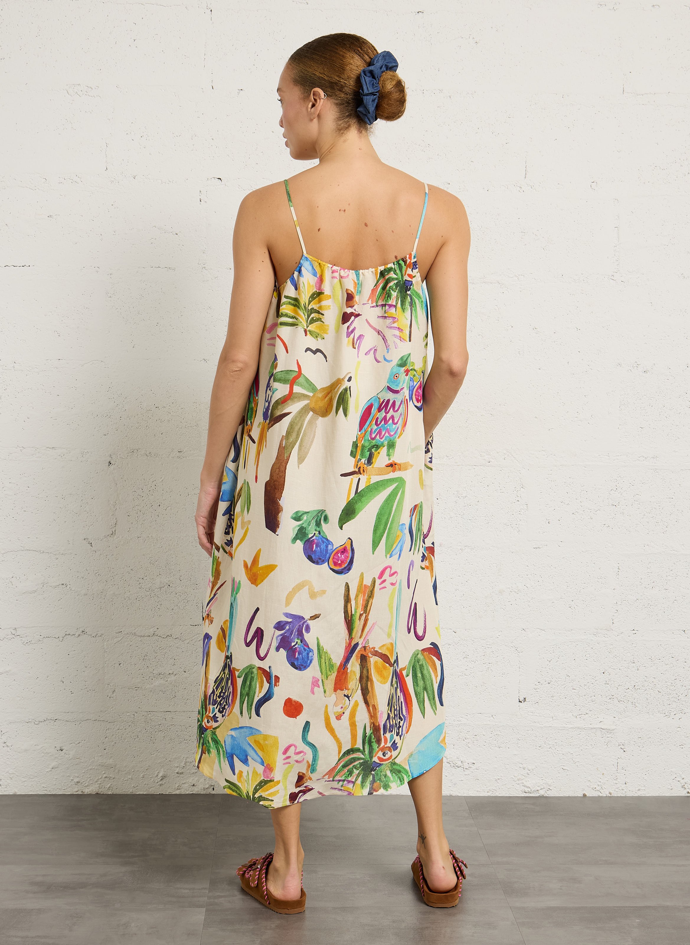 Lange jurk van gemengd linnen met print G.KERO Beige