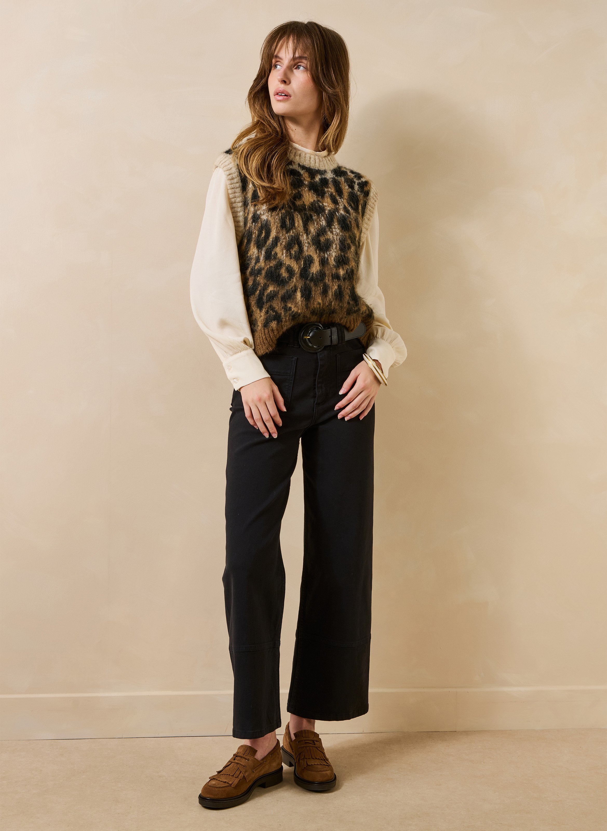 Pull col rond sans manches à motif LA FEE MARABOUTEE Marron