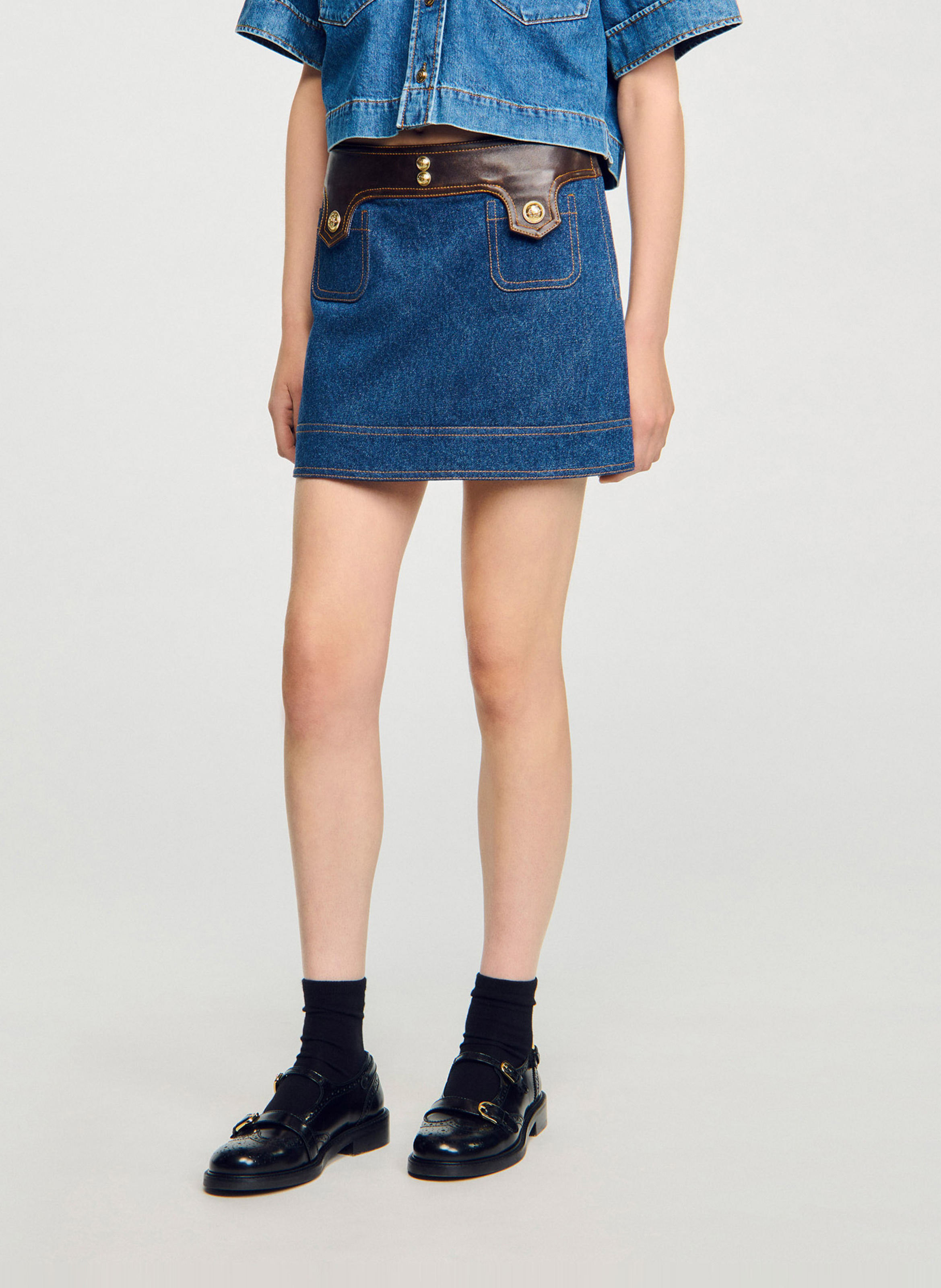 Jupe courte en denim de coton SANDRO Bleu