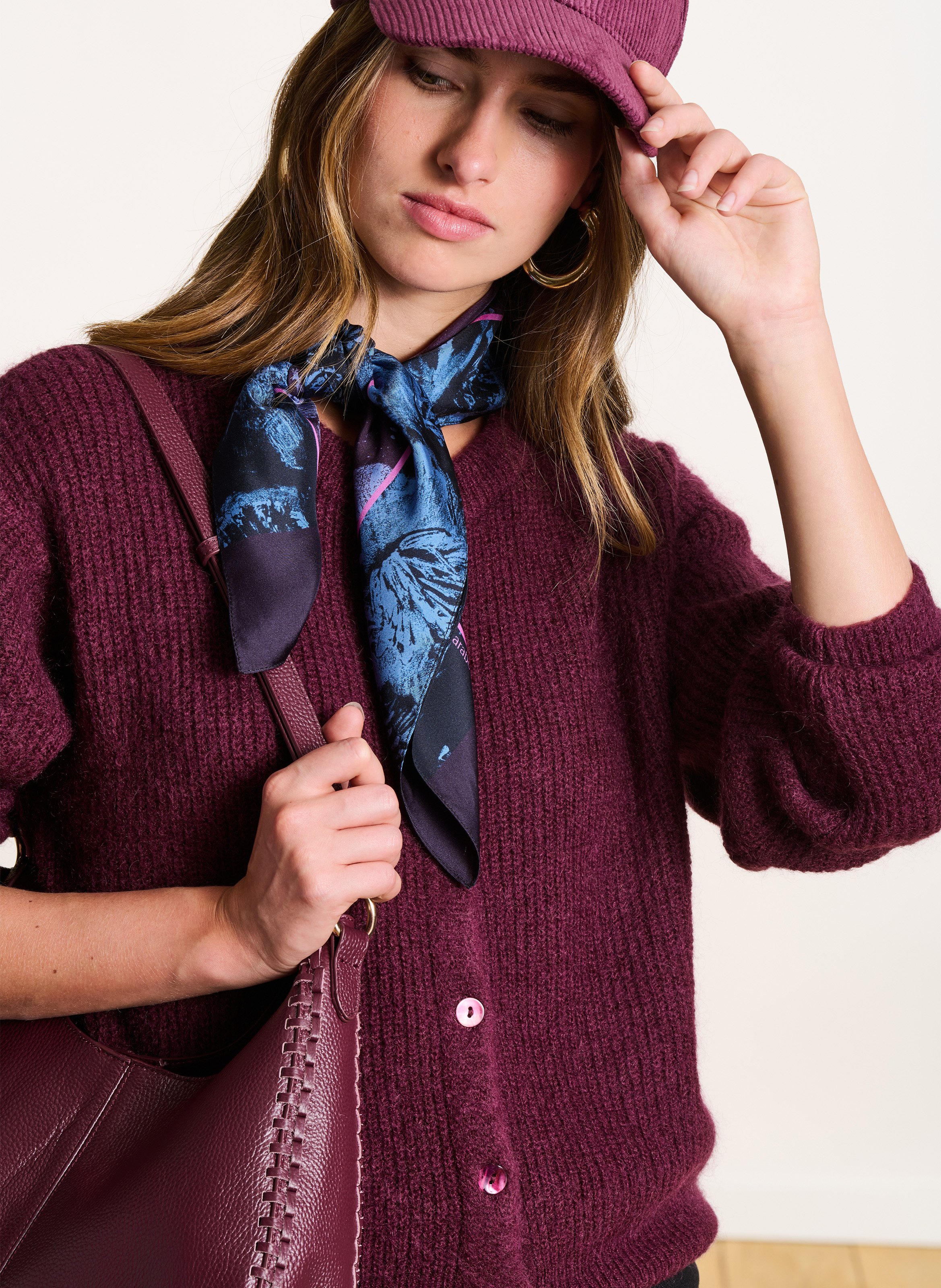 Loose-fit mixed-knit cardigan with round neck LA FEE MARABOUTEE Purple