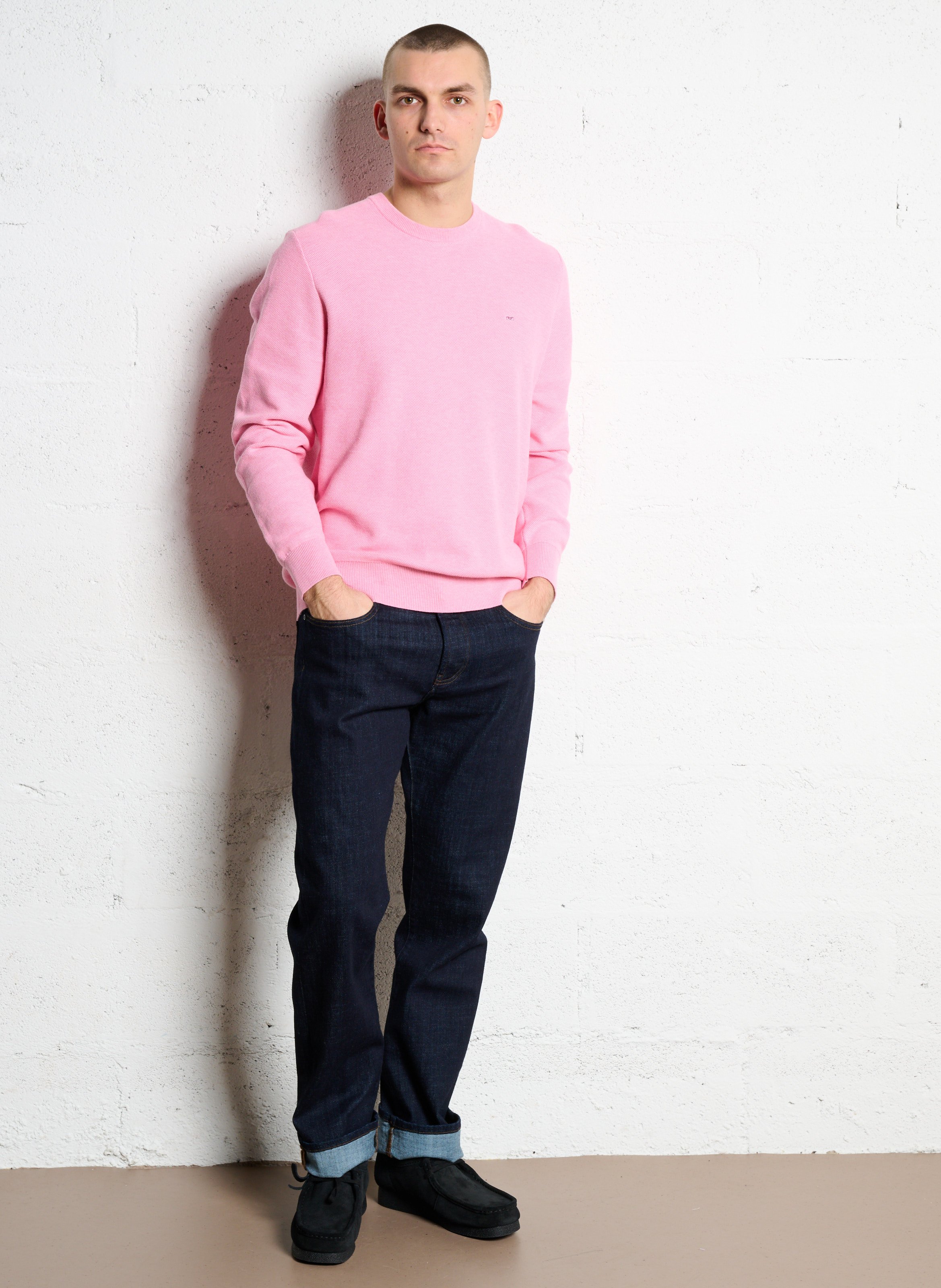 Pull col rond uni à broderie nœud EDEN PARK Rose