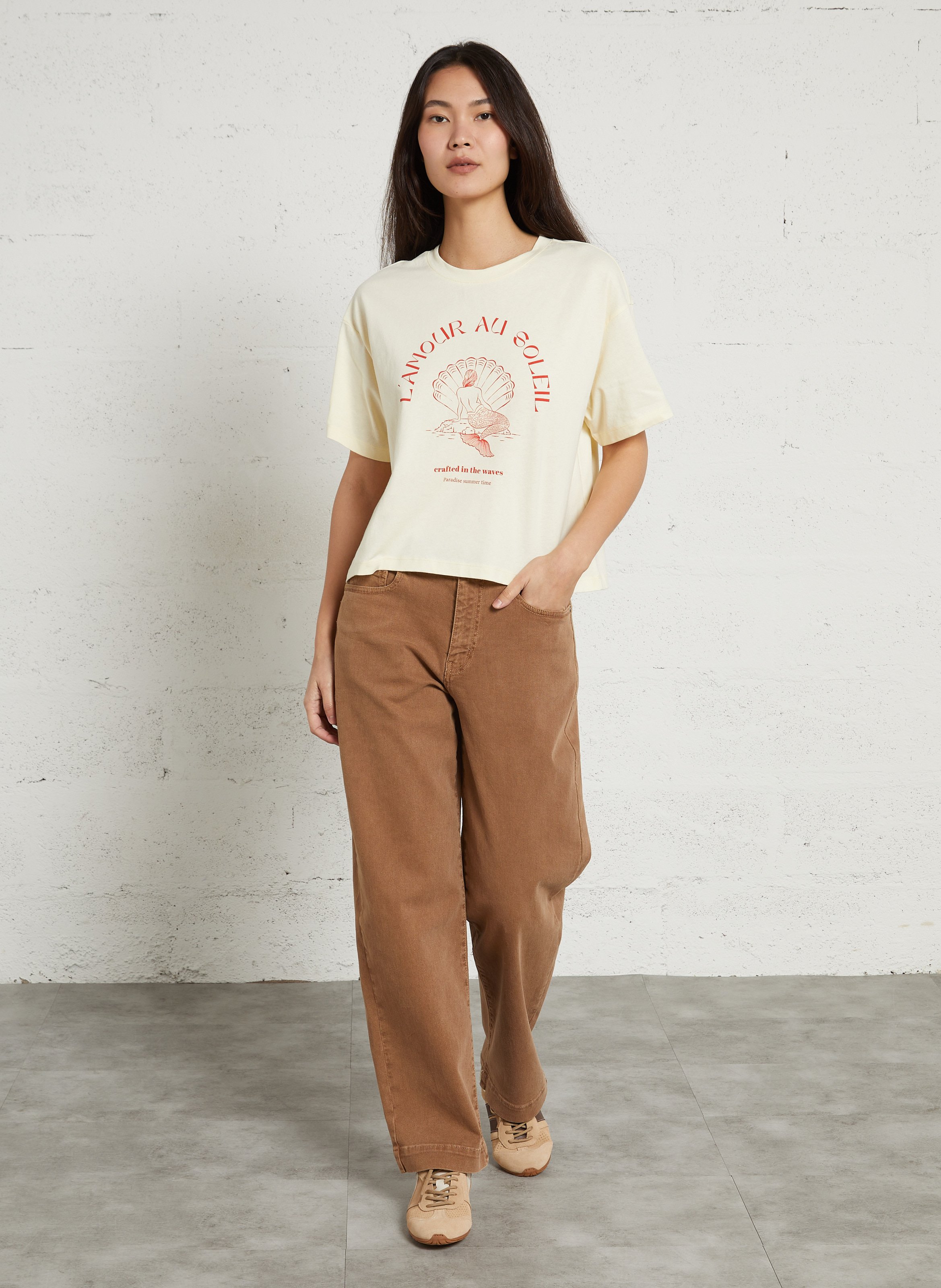 Tee-shirt ample col rond imprimé en coton DES PETITS HAUTS Jaune