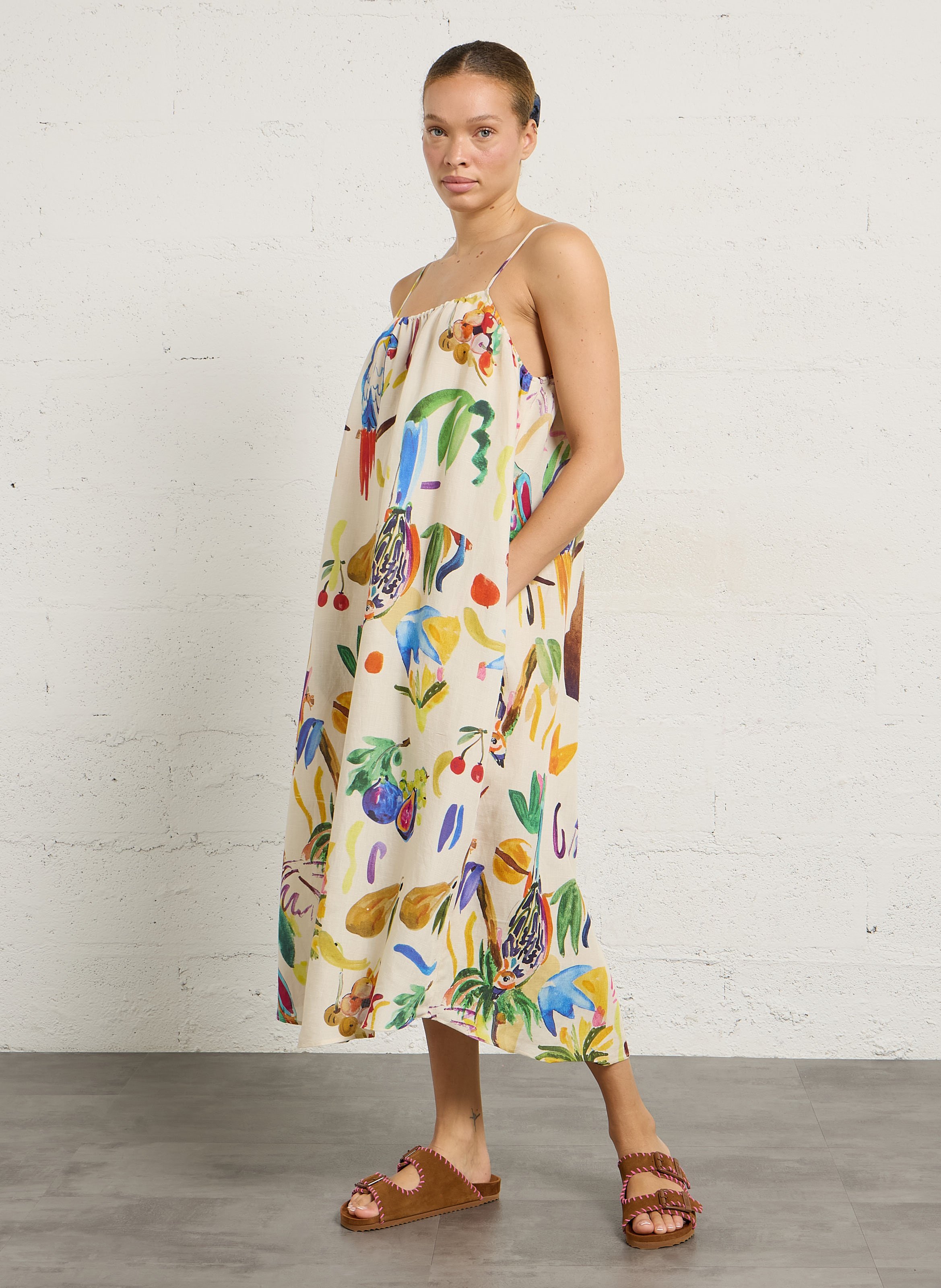 Lange jurk van gemengd linnen met print G.KERO Beige