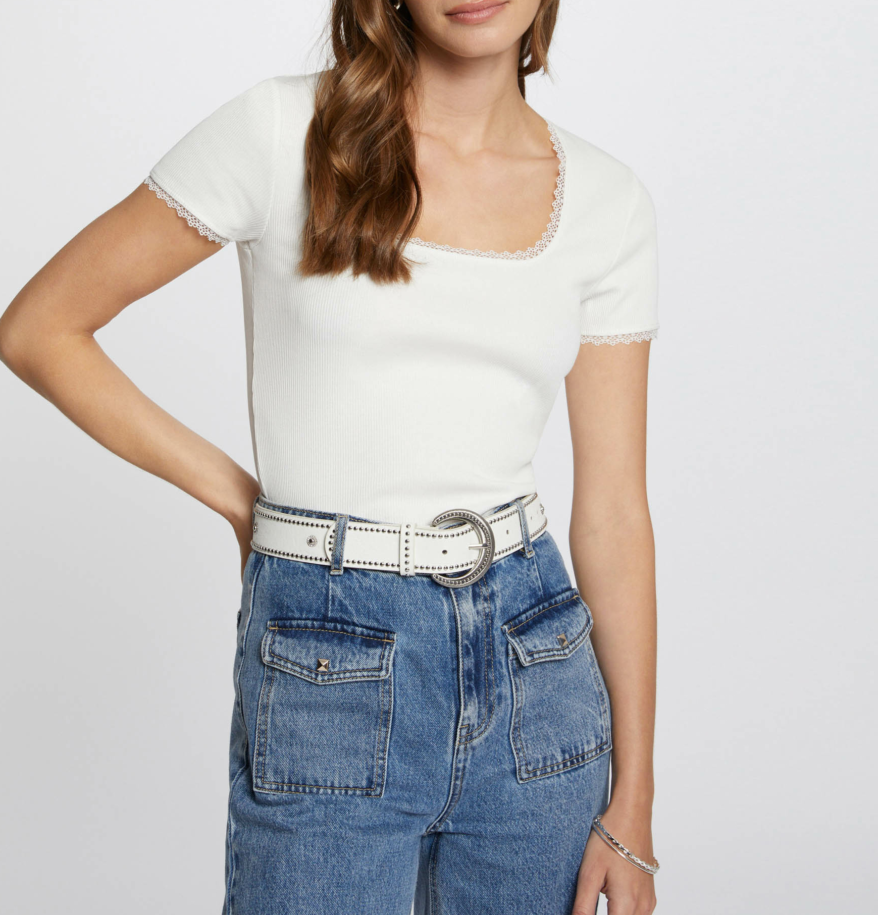 Spitzen-T-Shirt aus Baumwoll-Mix MORGAN Weiss