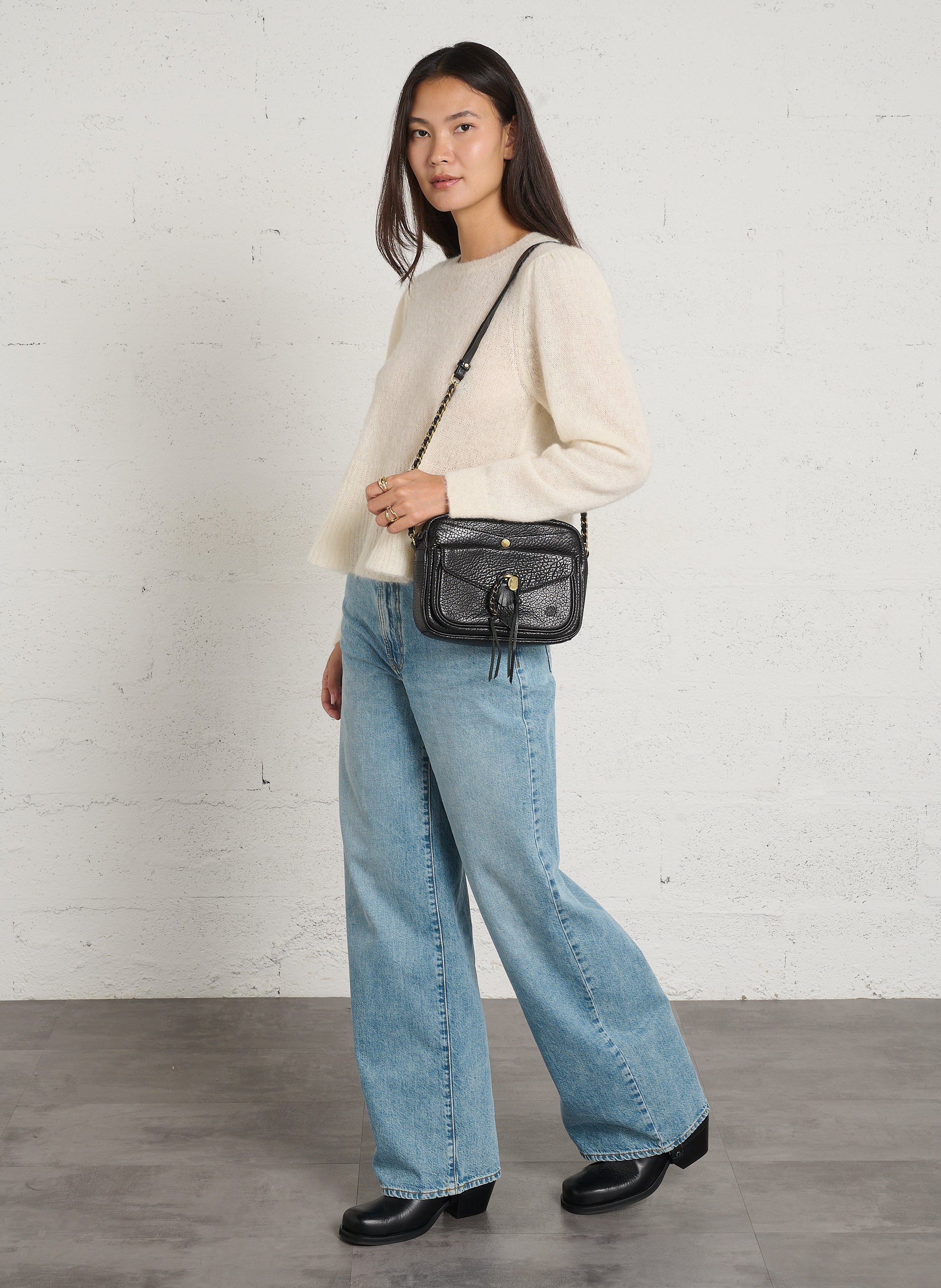 Sac bandoulière en cuir texturé MILA LOUISE Noir
