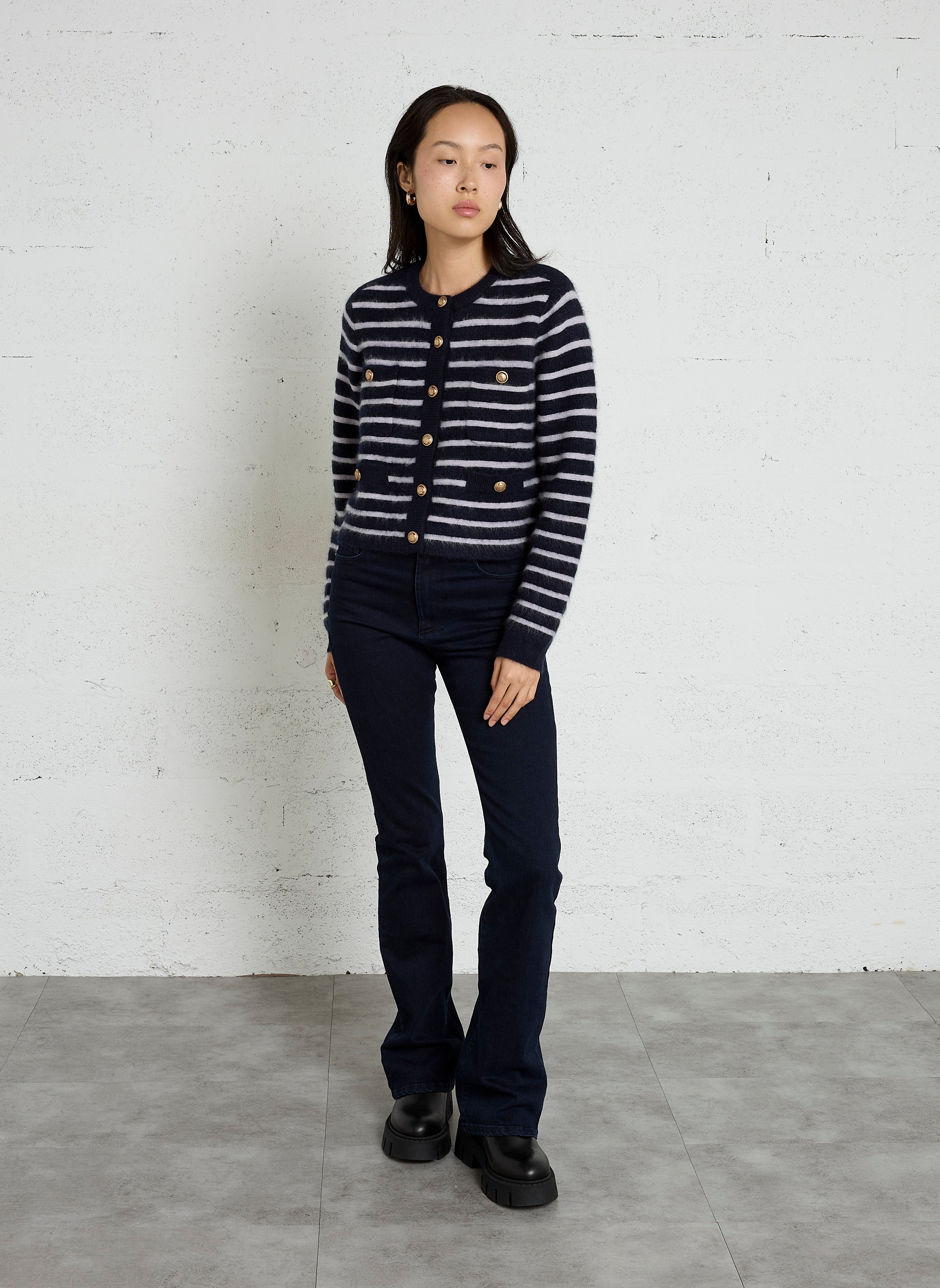 Weit geschnittene, gestreifte Strickjacke mit Rundhalsausschnitt aus Wollmischung IKKS Blau