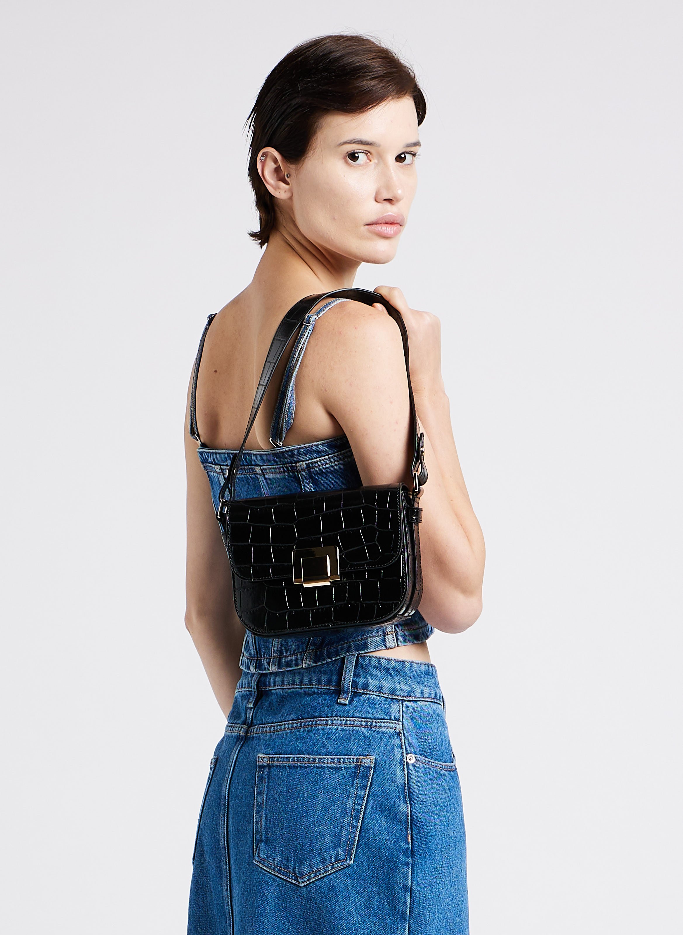 Schultertasche aus Kroko-Leder mit Umschlag SAISON 1865 Schwarz