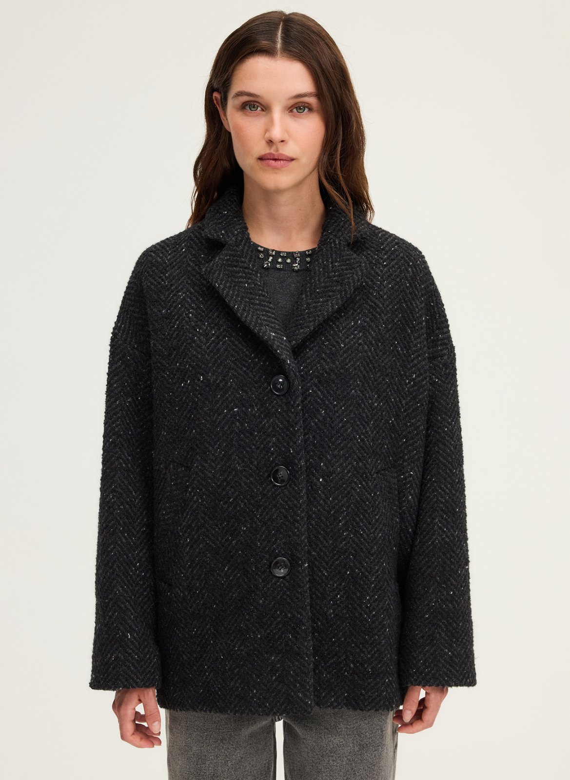 Manteau col tailleur en laine mélangée PABLO Noir