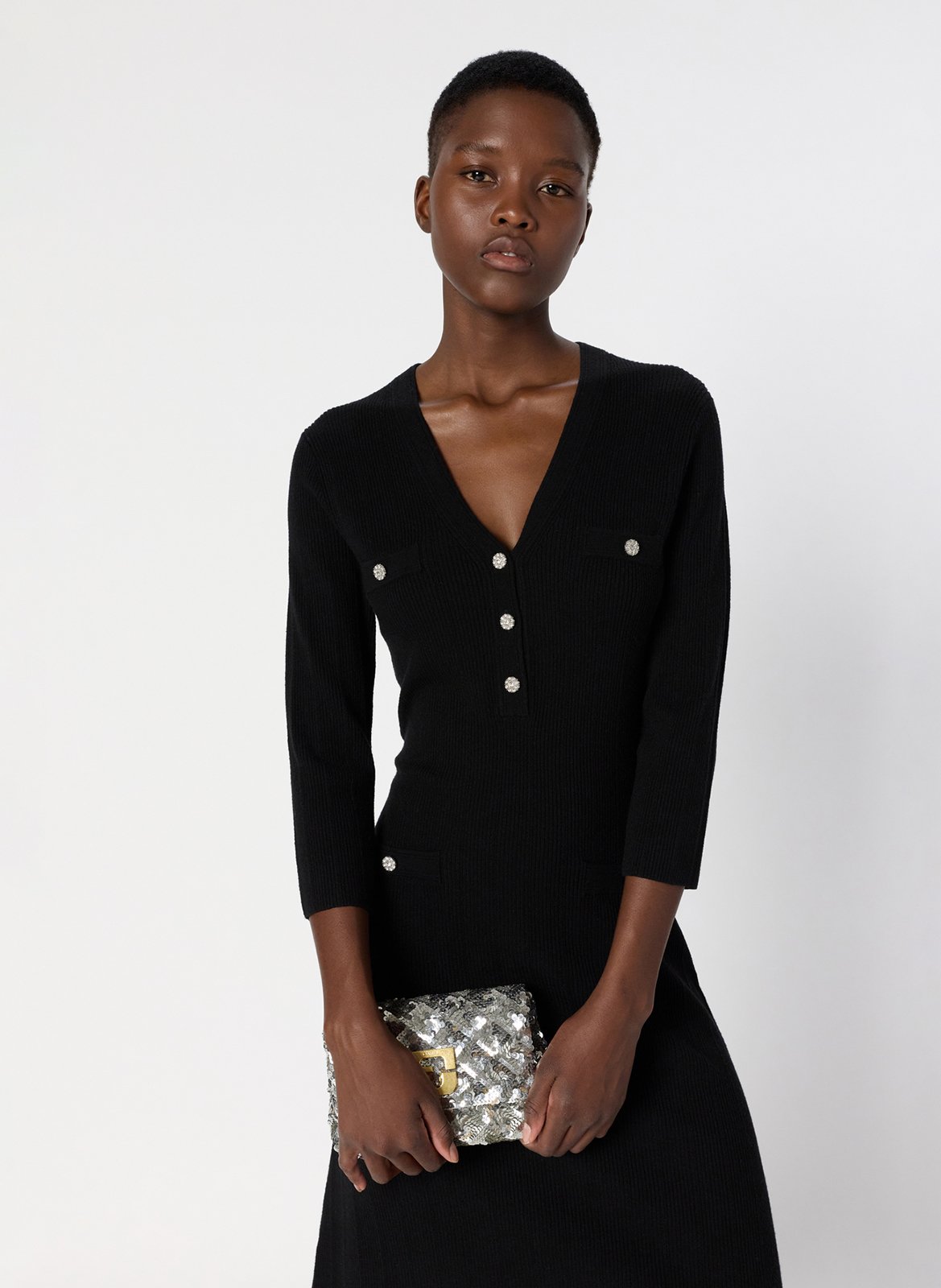 Robe midi col v en laine mélangée GERARD DAREL Noir