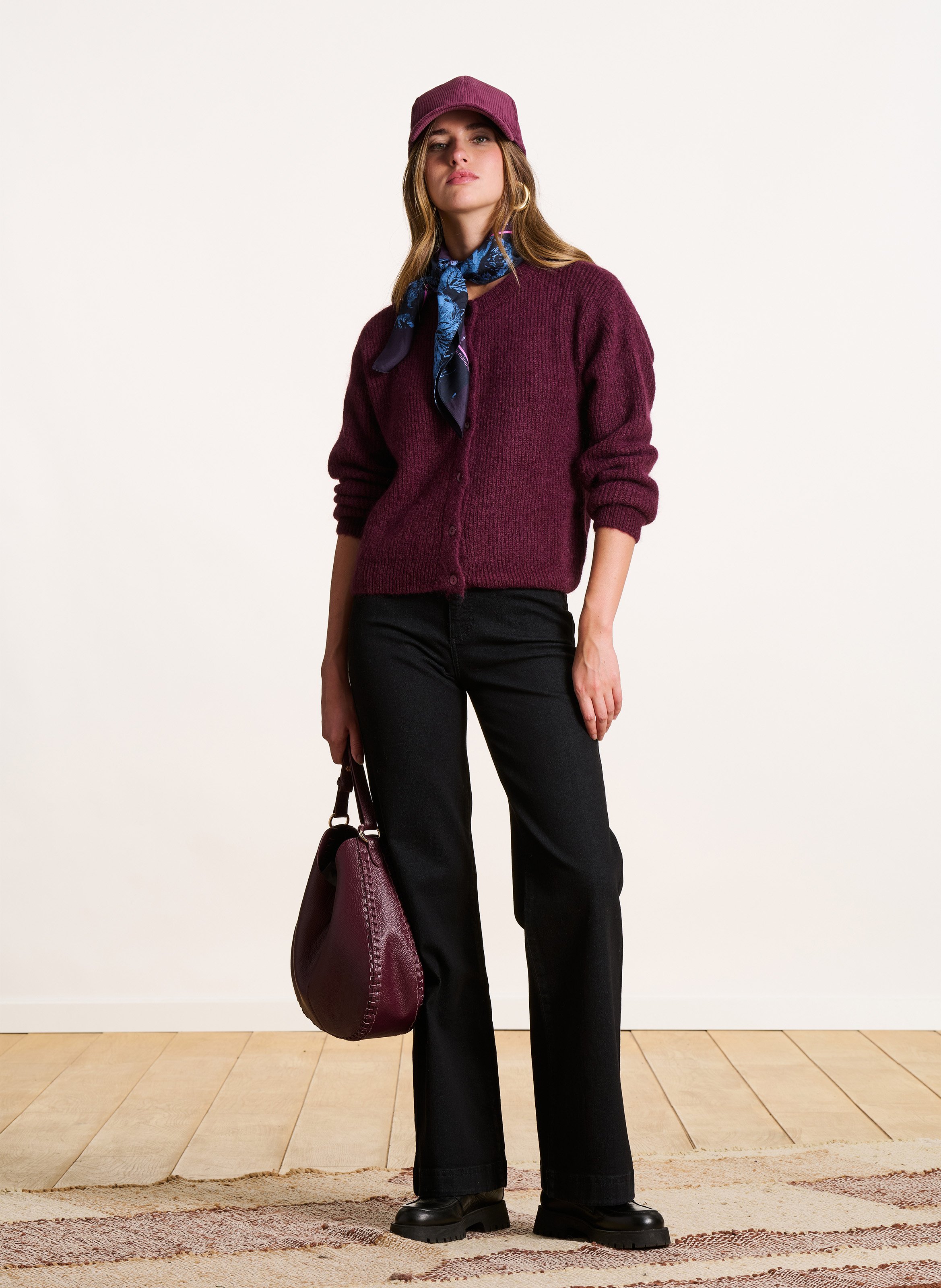Loose-fit mixed-knit cardigan with round neck LA FEE MARABOUTEE Purple