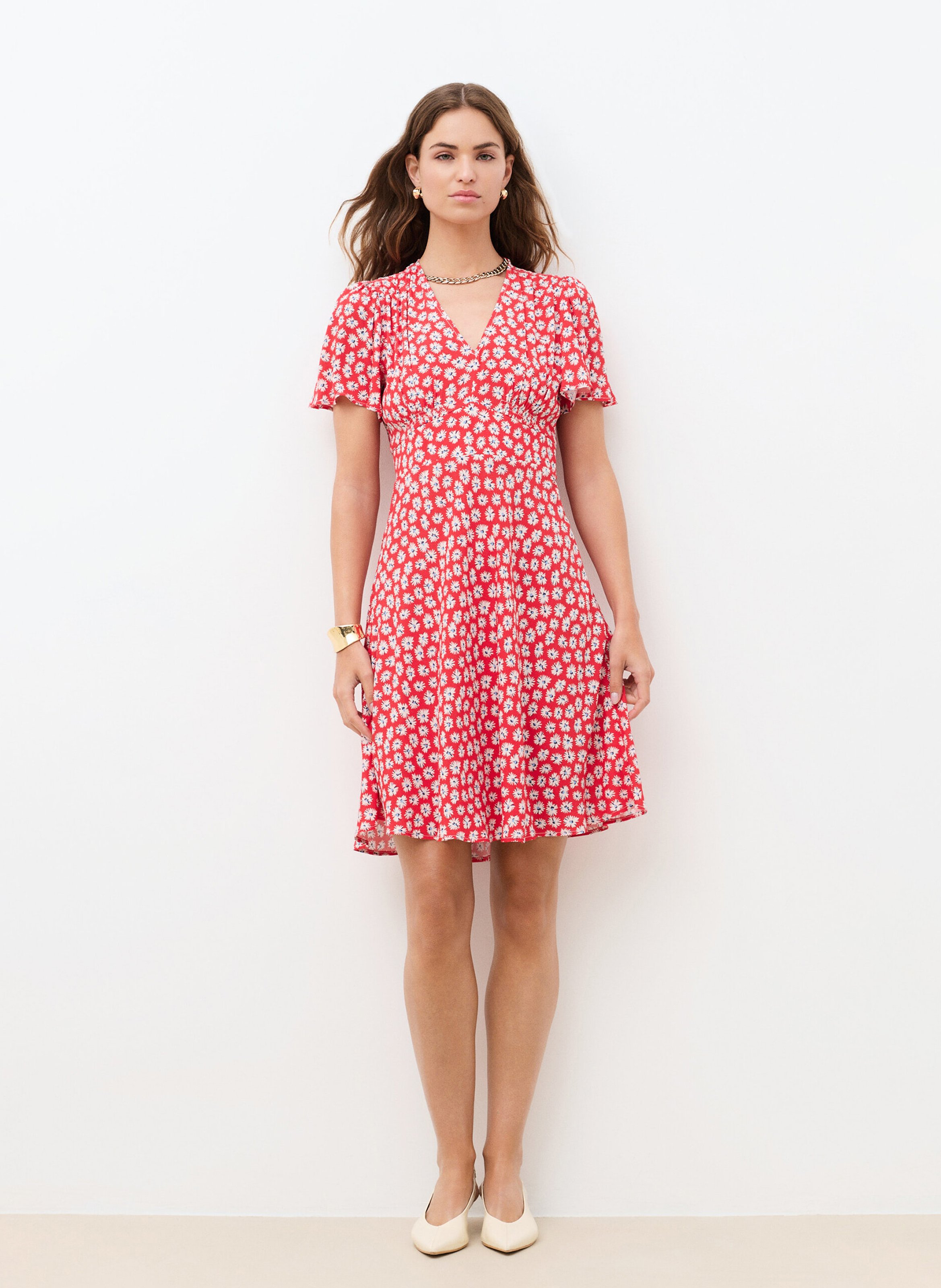 Robe courte col V imprimée  CAROLL Rouge