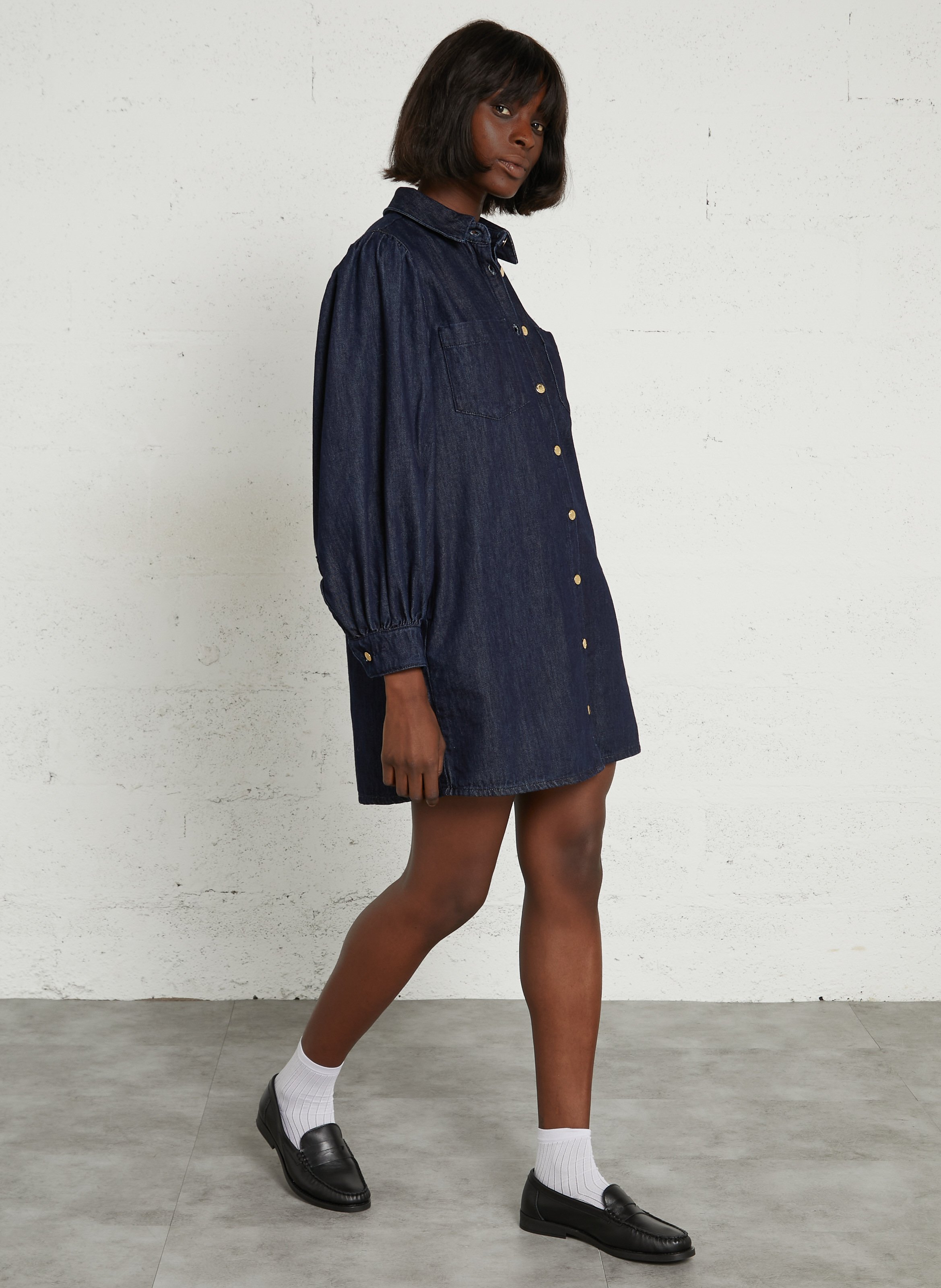 Weites Denim-Kleid aus Baumwolle DES PETITS HAUTS Blau