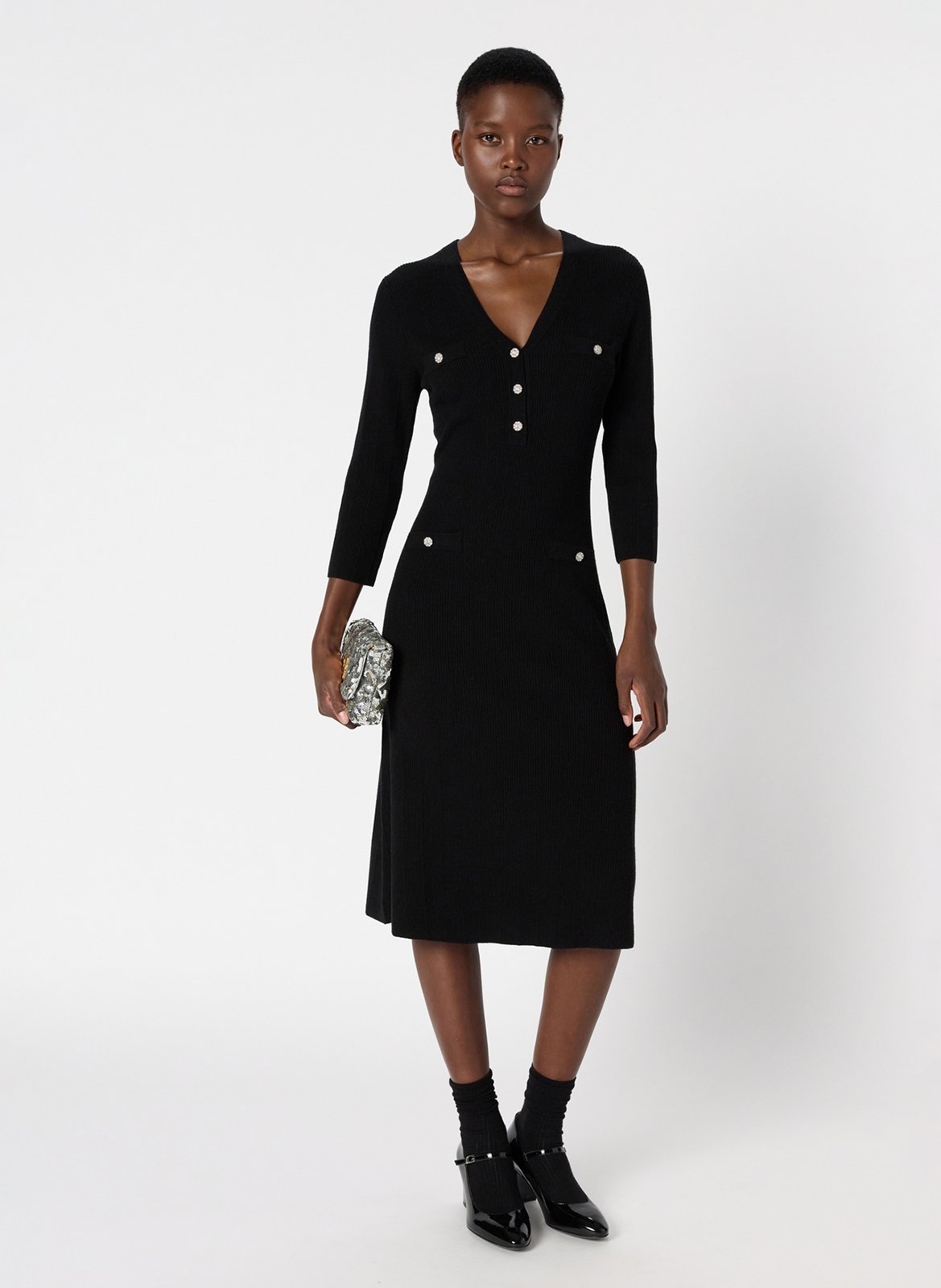 Robe midi col v en laine mélangée GERARD DAREL Noir