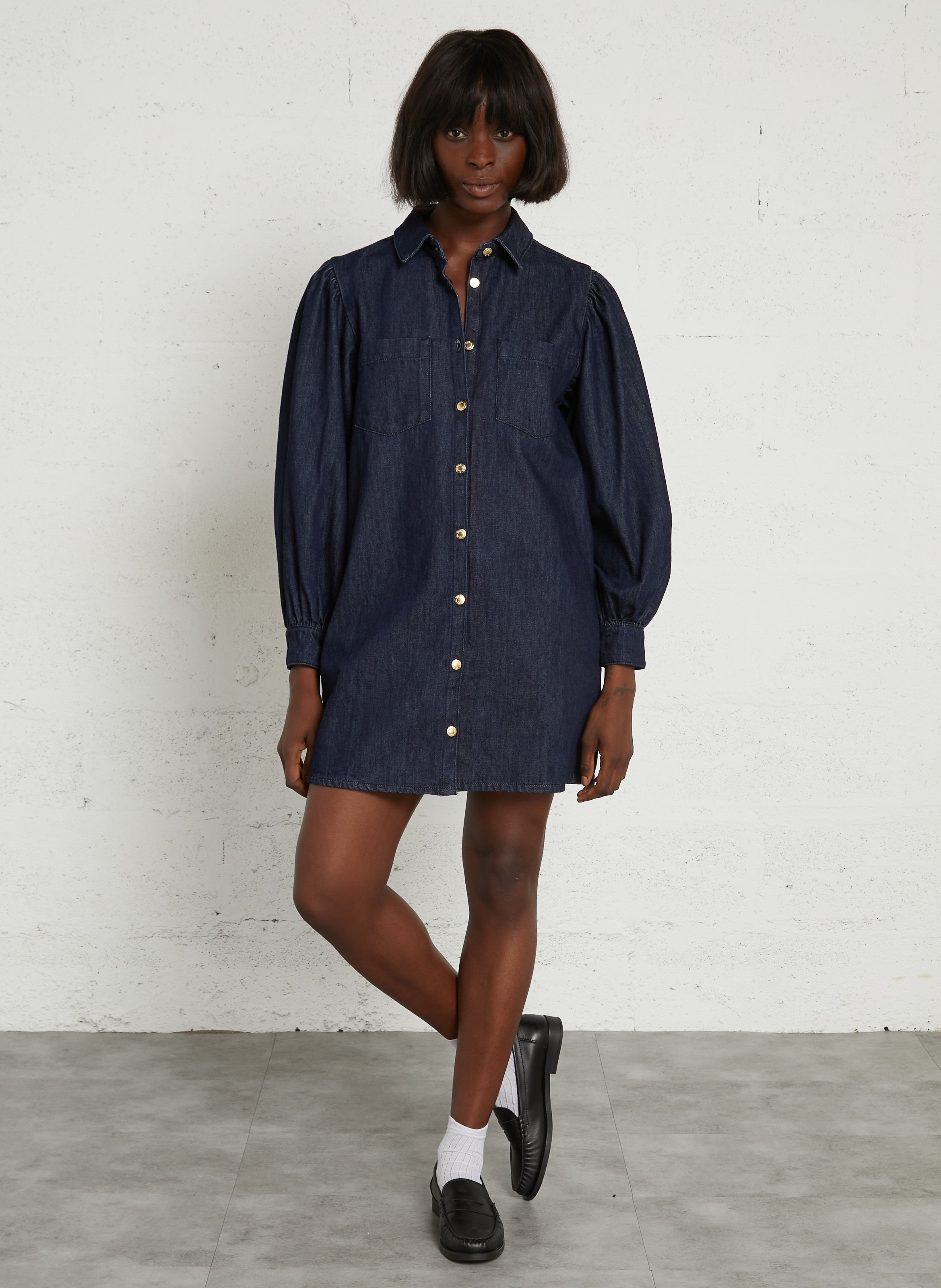 Weites Denim-Kleid aus Baumwolle DES PETITS HAUTS Blau