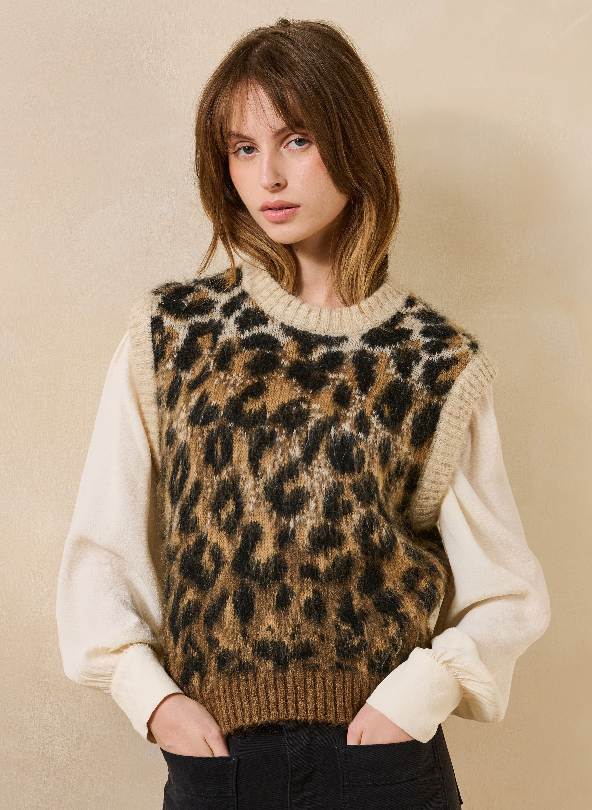 Pull col rond sans manches à motif LA FEE MARABOUTEE Marron