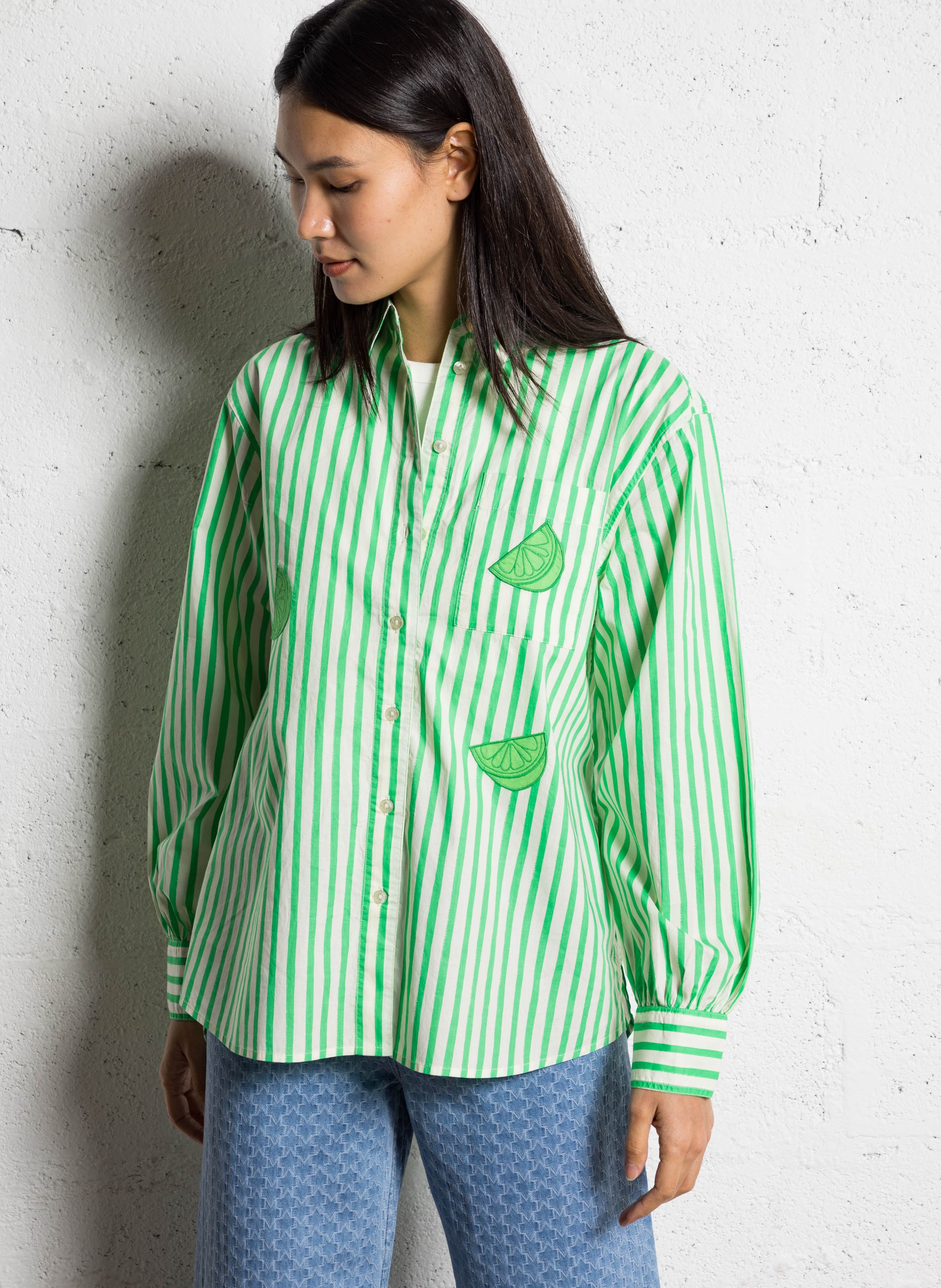 Chemise col classique rayée en coton bio FABIENNE CHAPOT Vert