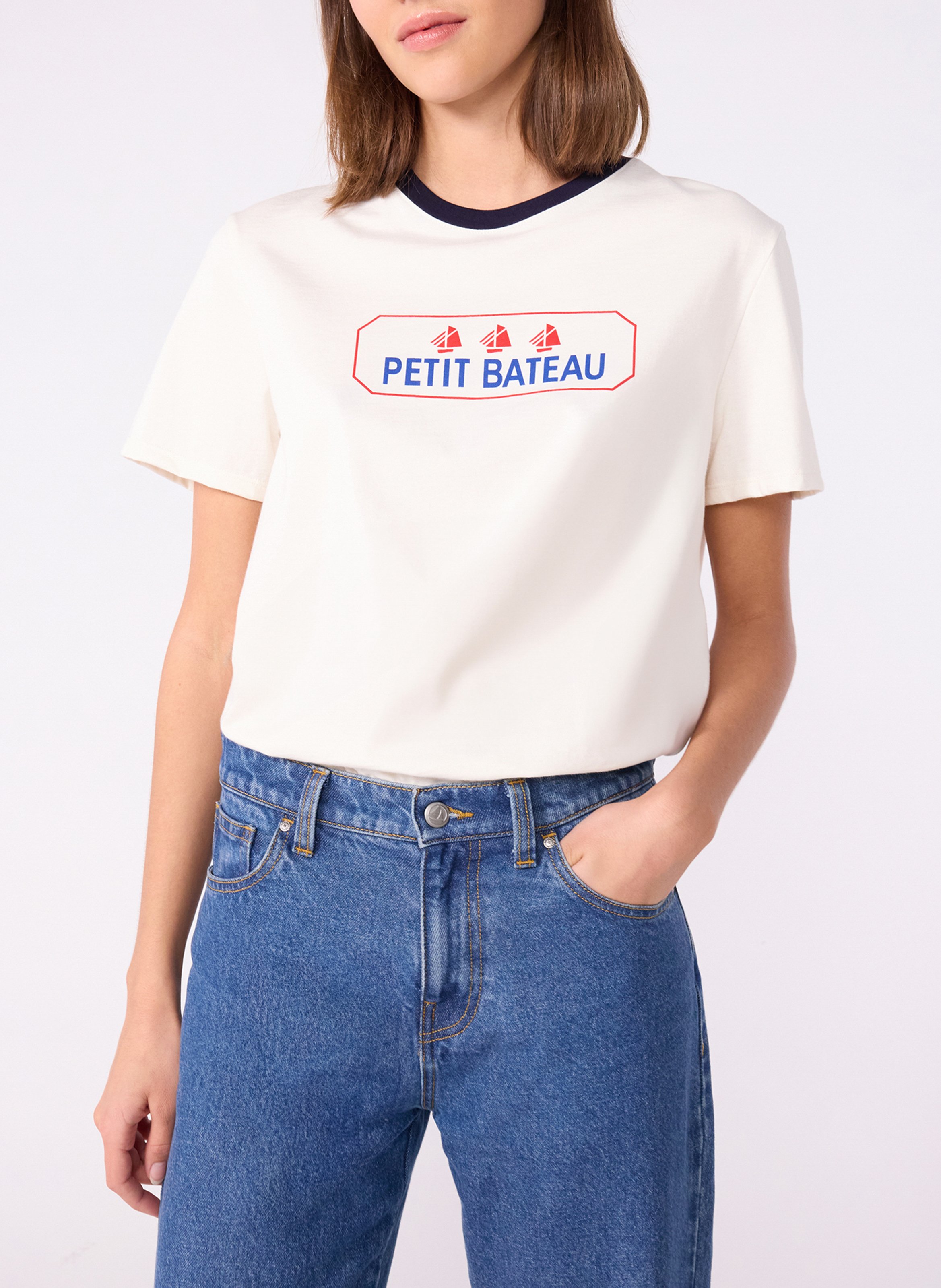 Gerader T-Shirt aus bedruckter Baumwolle PETIT BATEAU Beige