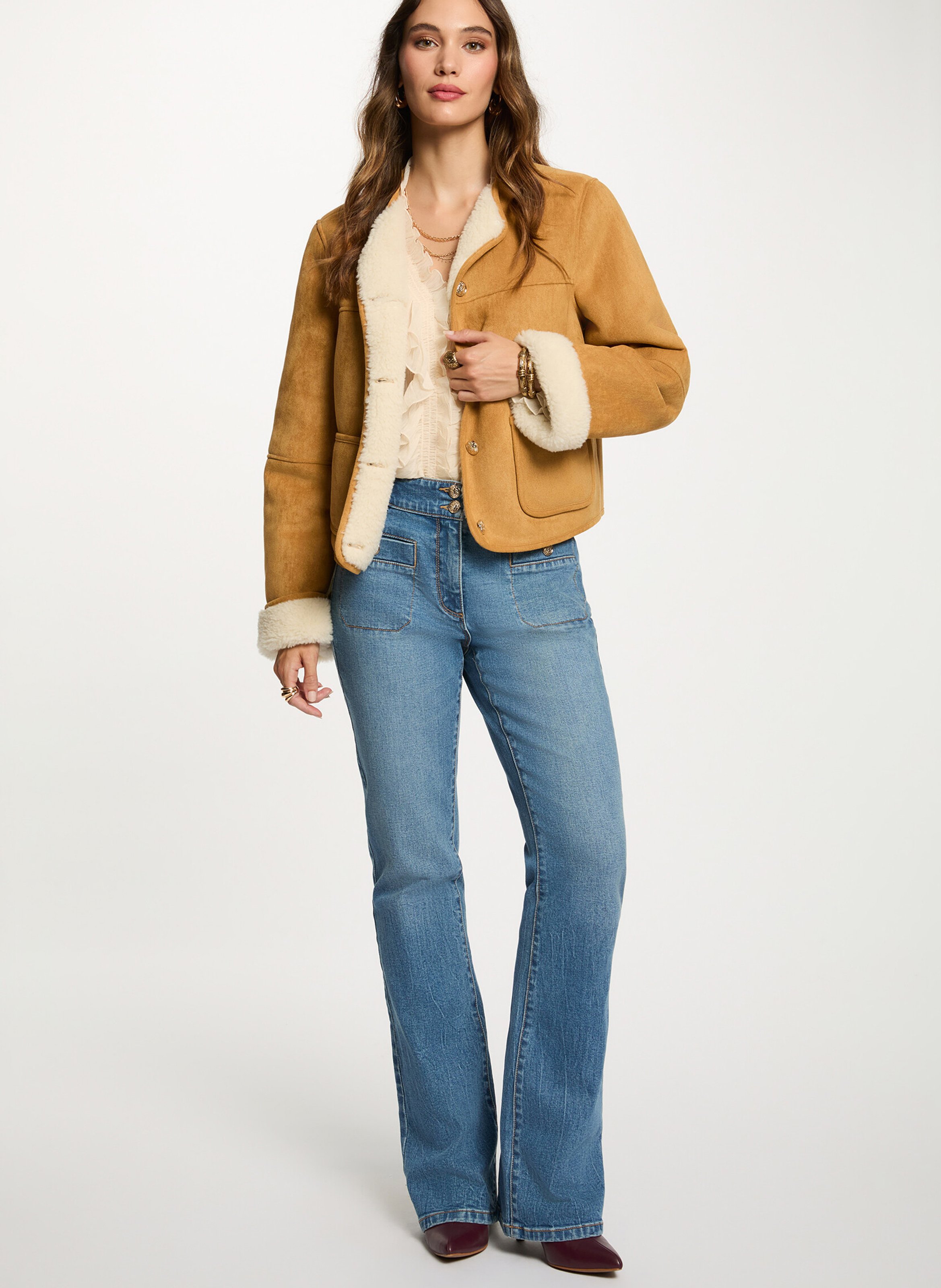 Blouson col rond effet cuir retourné MORGAN Marron