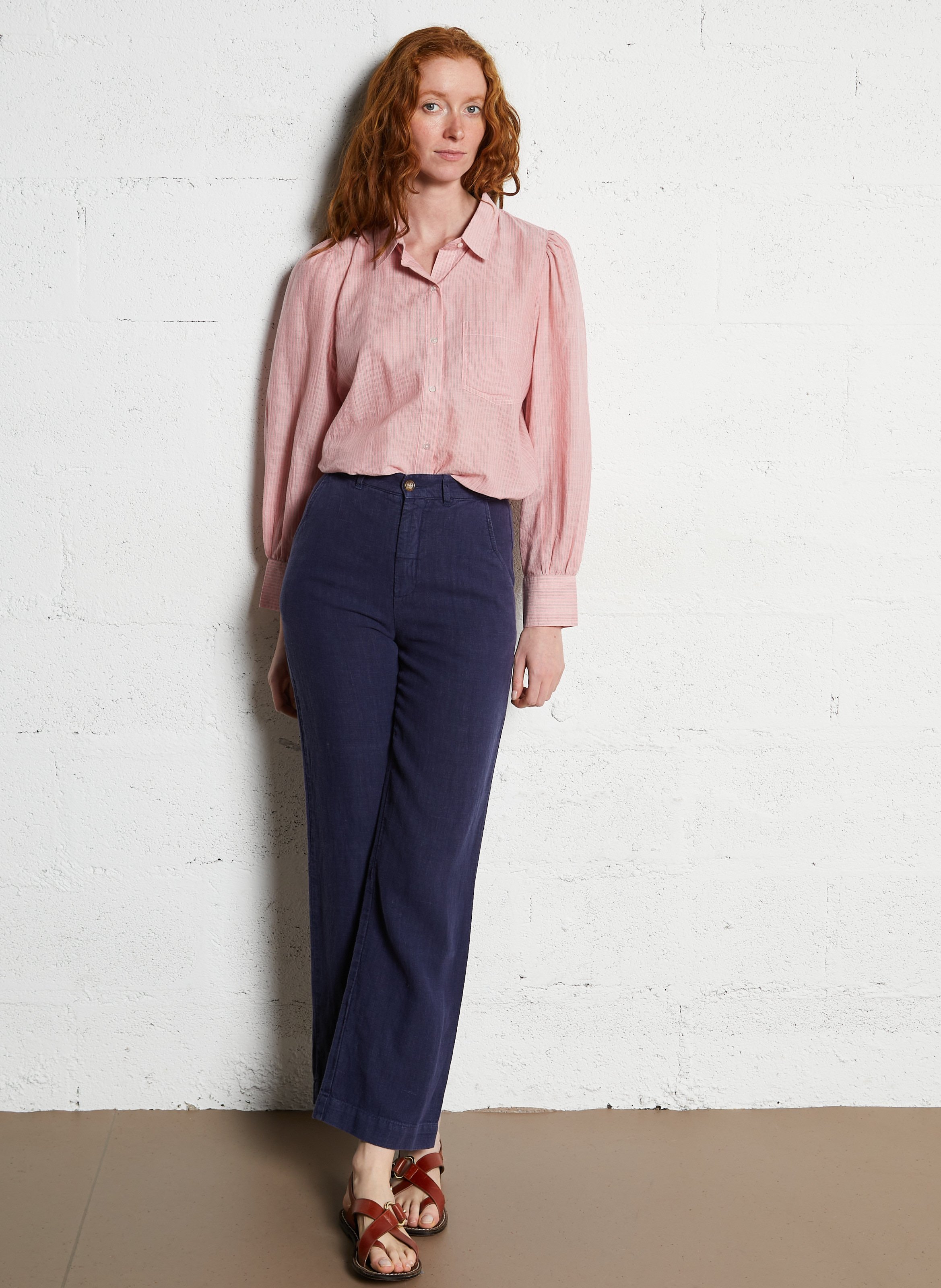 Pantalon droit en lin Bleu