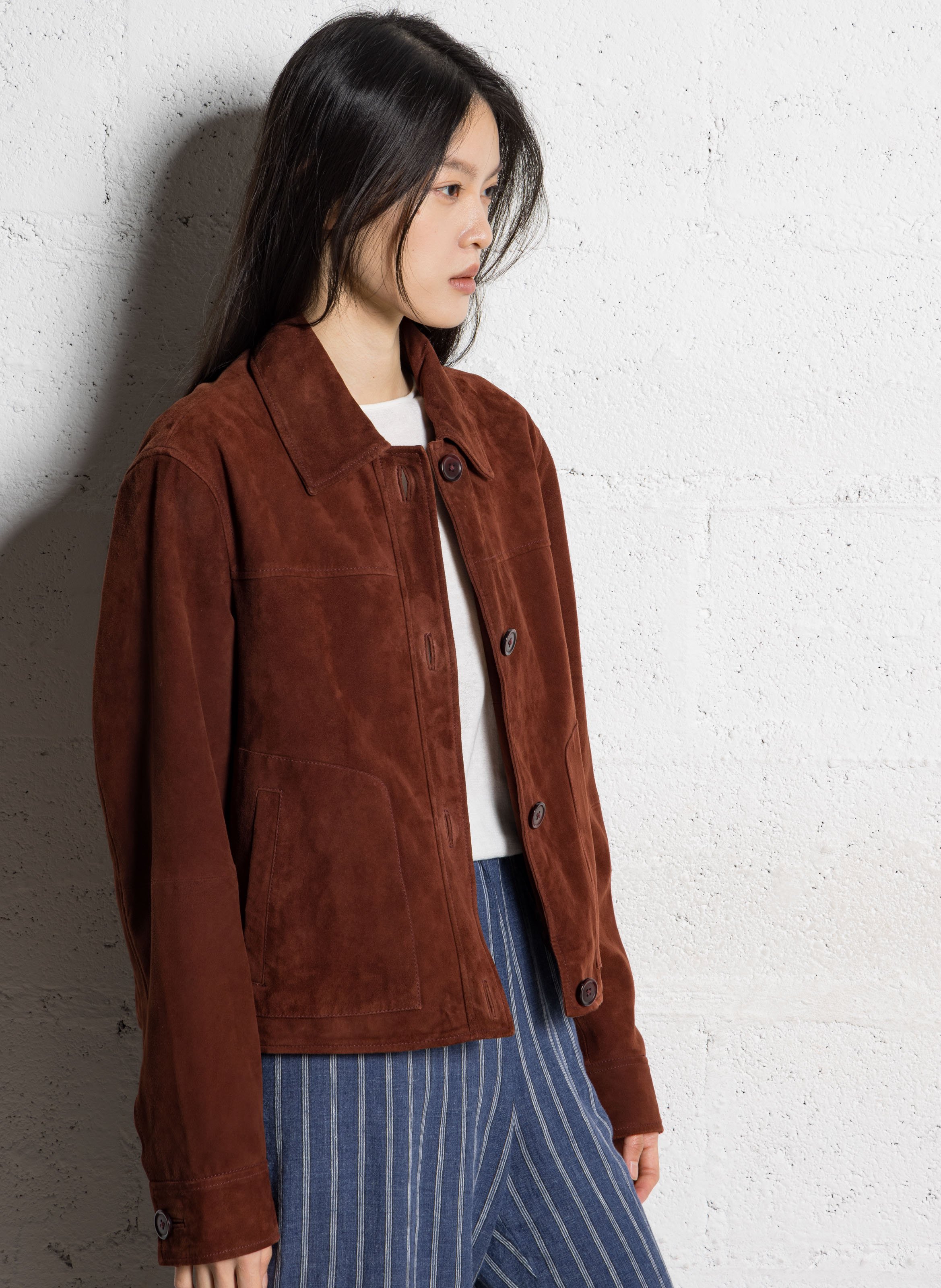 Oversized leather jacket with classic collar JC SOPHIE Brown