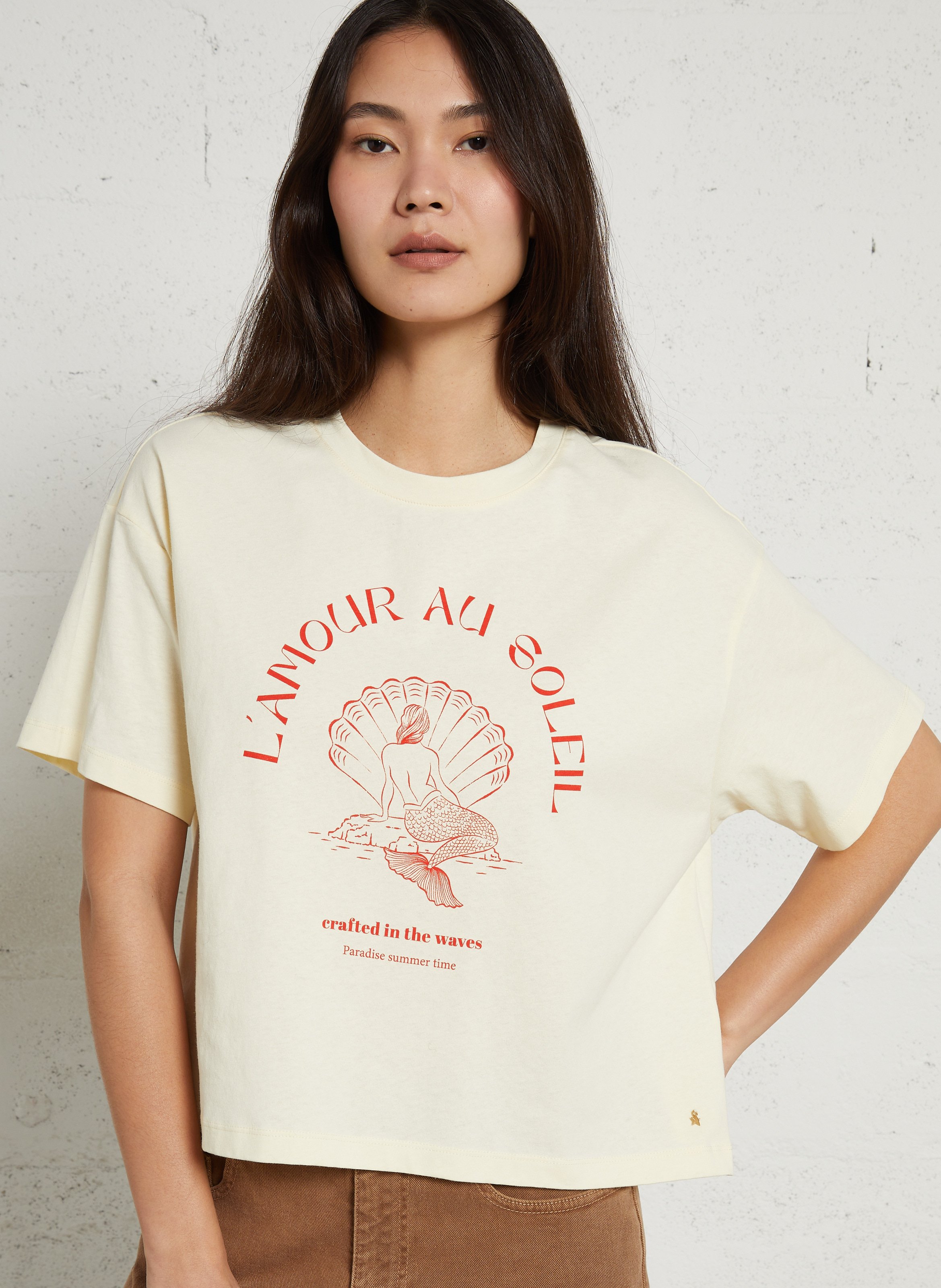 Tee-shirt ample col rond imprimé en coton DES PETITS HAUTS Jaune