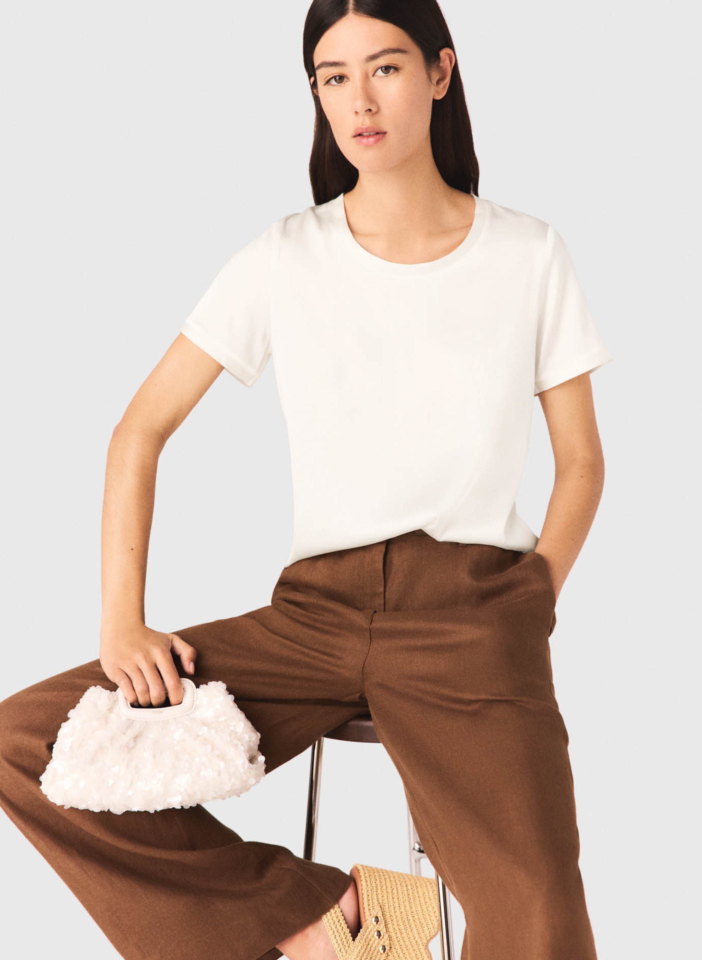 T-shirt droit col rond en soie mélangée MAJE Blanc