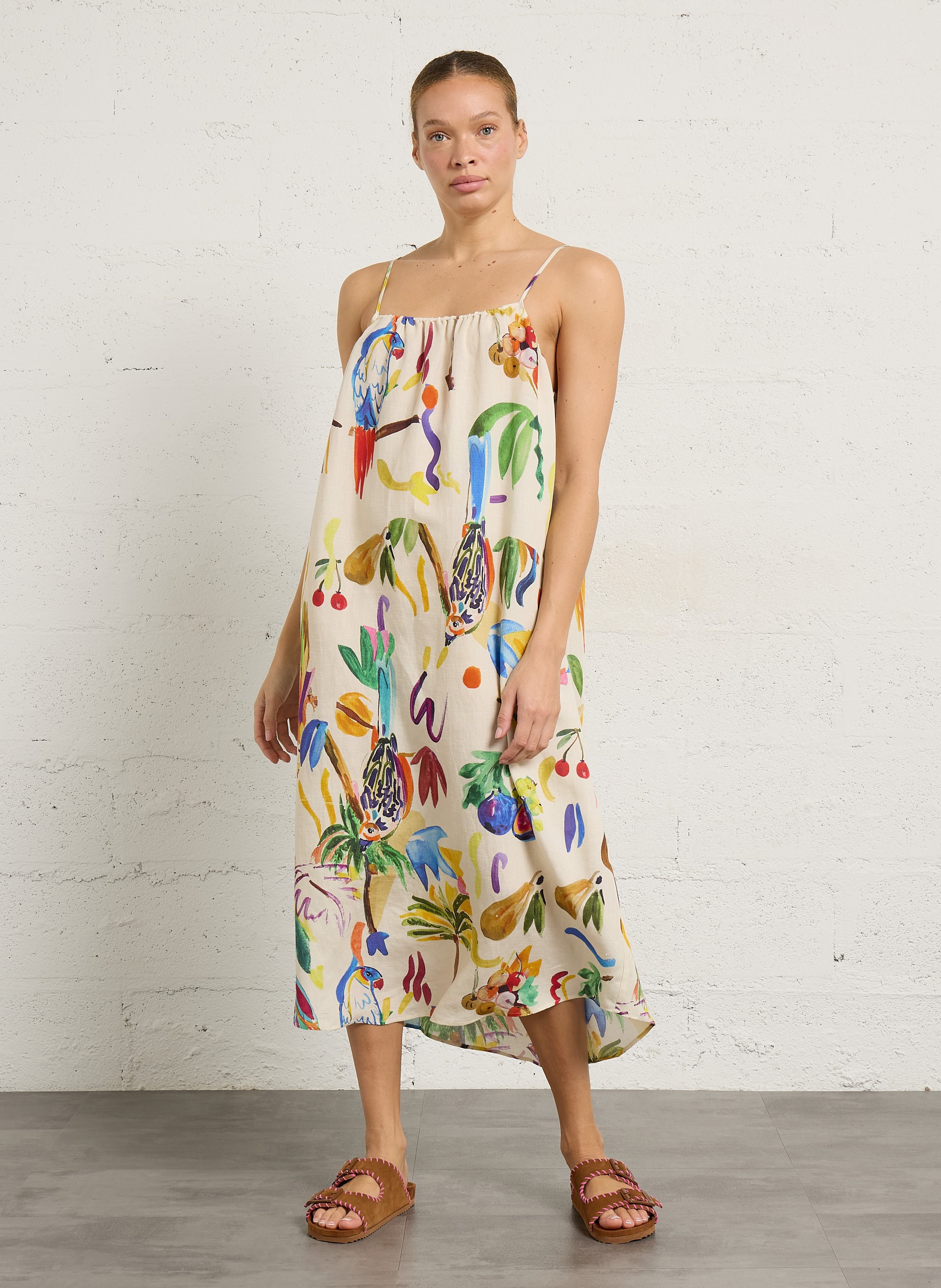 Lange jurk van gemengd linnen met print G.KERO Beige