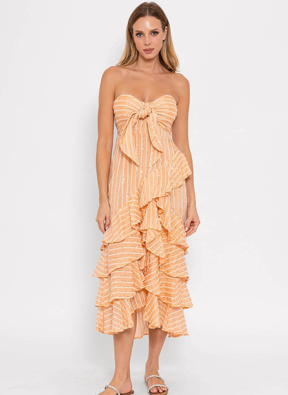 Strapless jurk met ruches en pailletten | Oranje