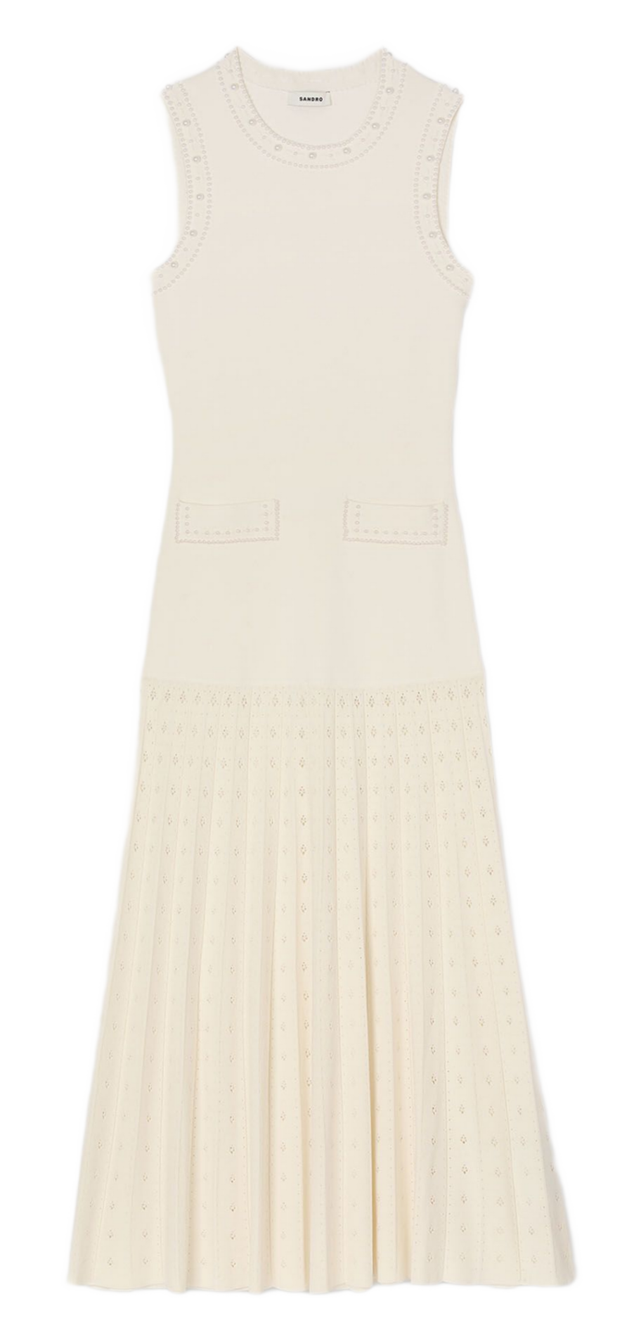sandro★ROBE LONGUE EN MAILLE PERLEE ワンピース Pearl bead knit maxi dress white / beige For Women | Sandro
