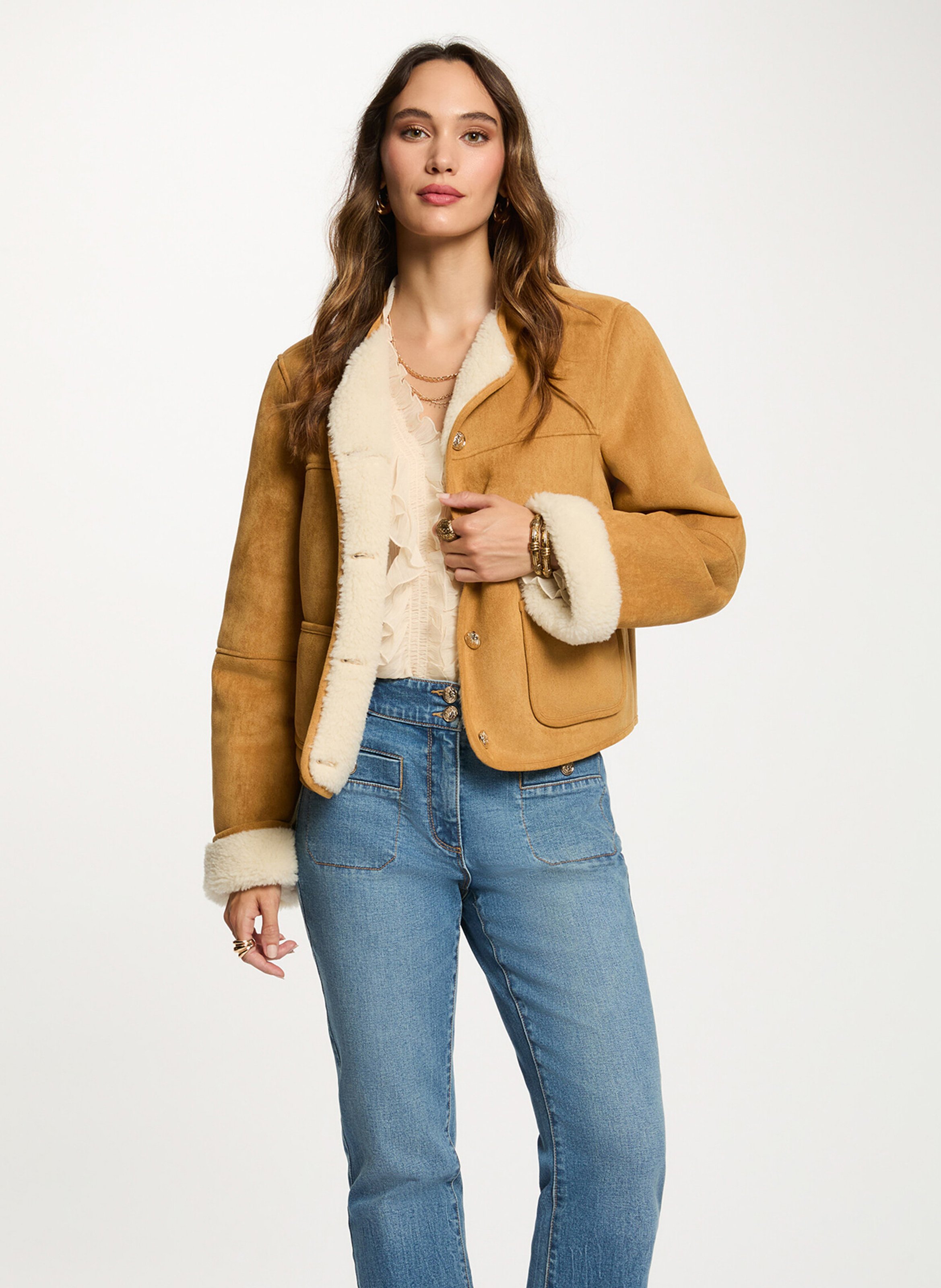 Blouson col rond effet cuir retourné MORGAN Marron