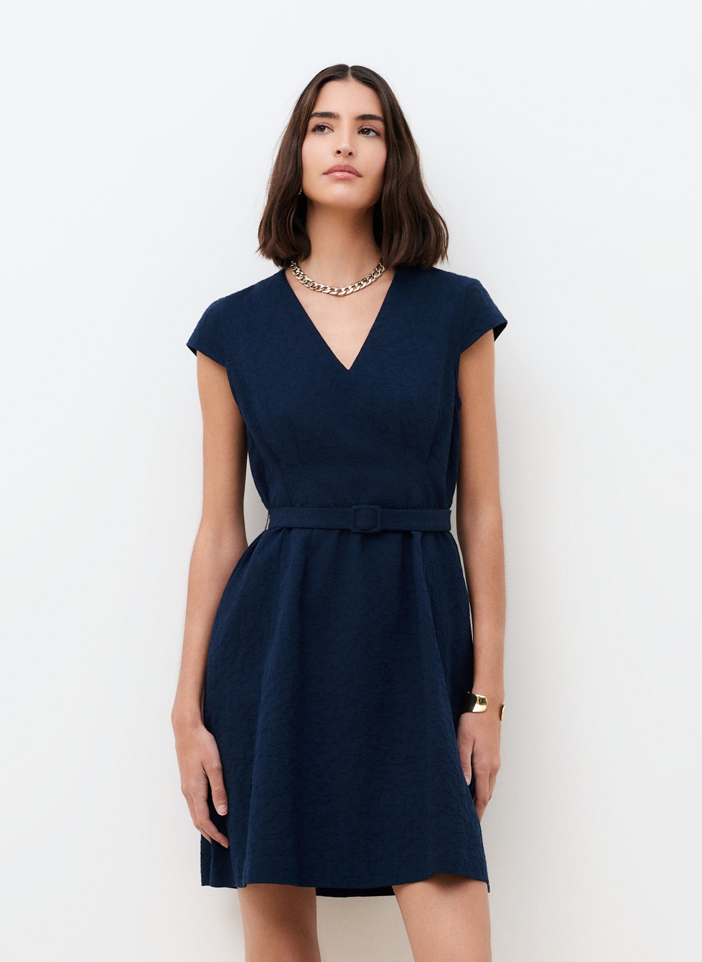 Robe courte col V en coton CAROLL Bleu