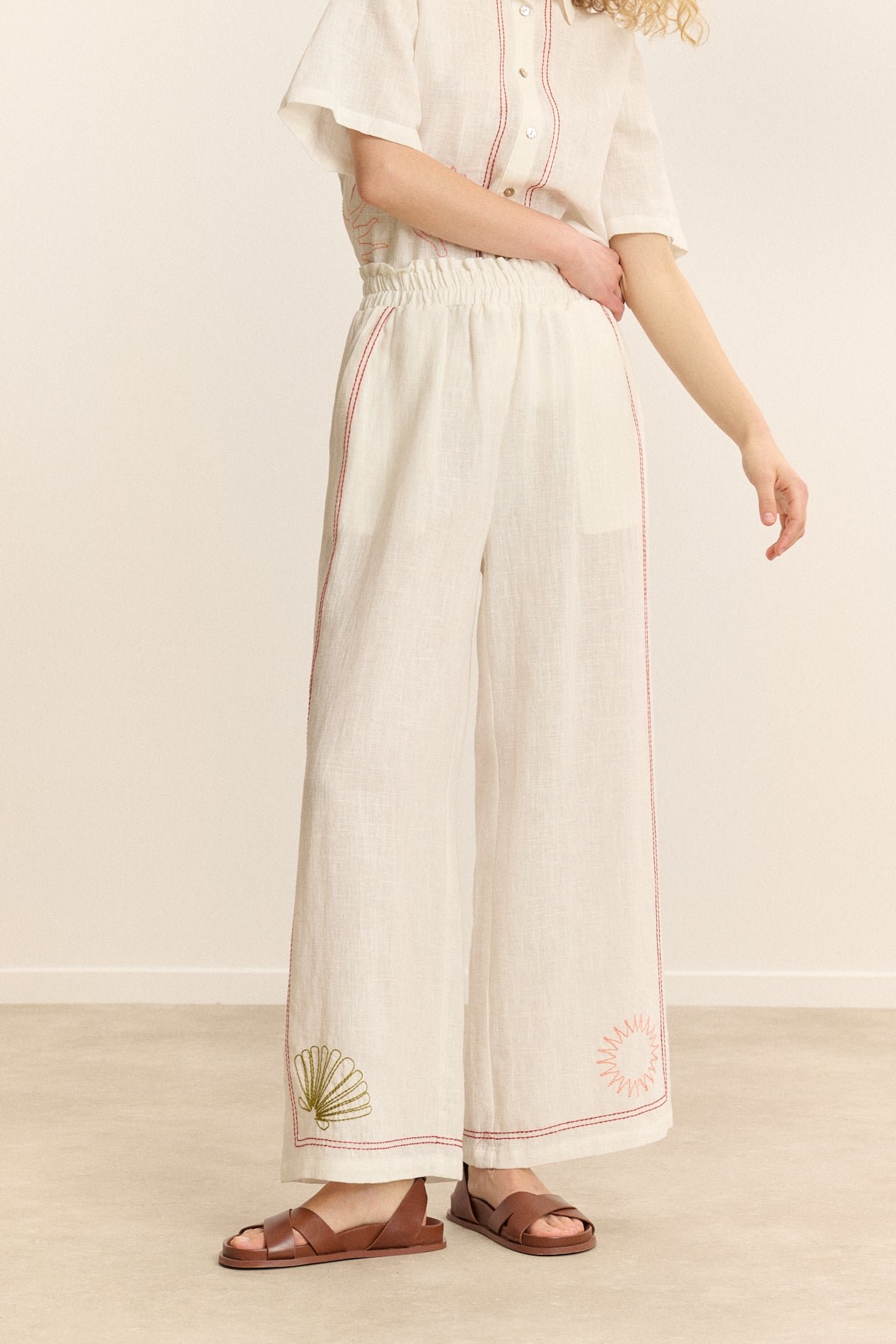 Wide elasticated trousers with embroidery GARANCE PARIS White