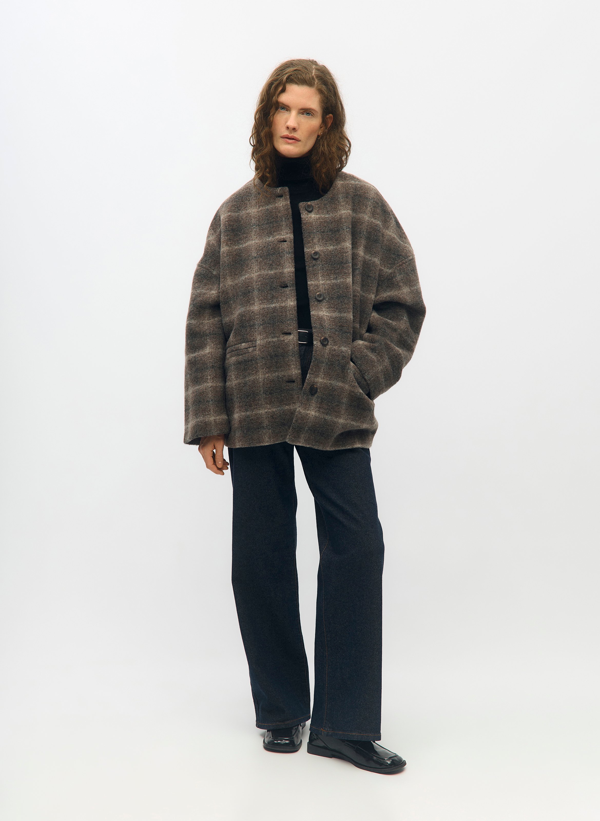 Manteau droit col rond à carreaux OBJECT Marron