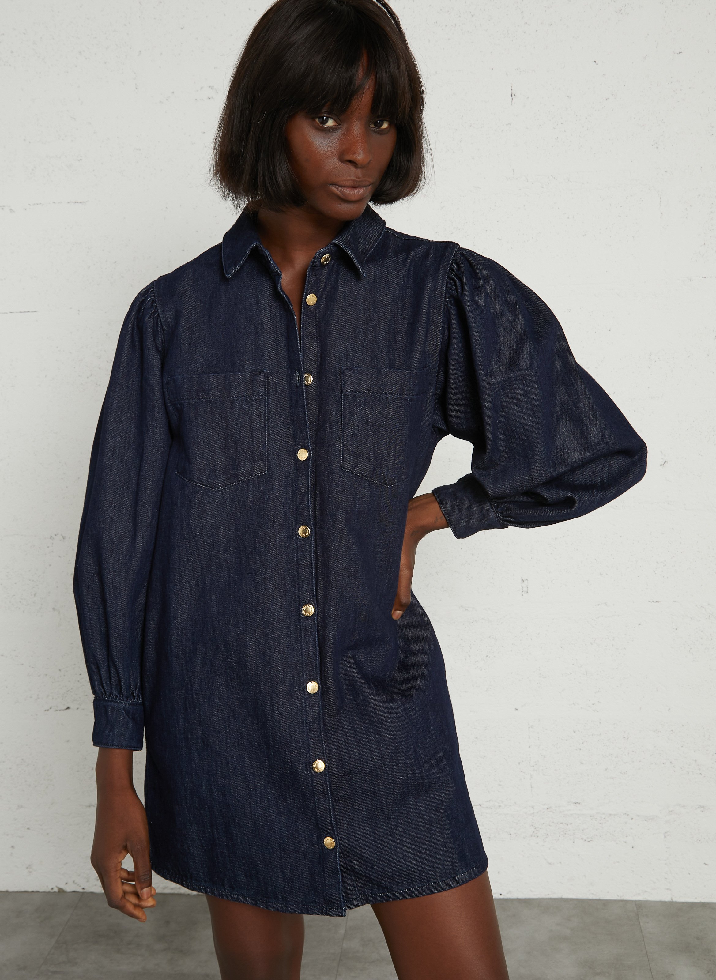 Weites Denim-Kleid aus Baumwolle DES PETITS HAUTS Blau