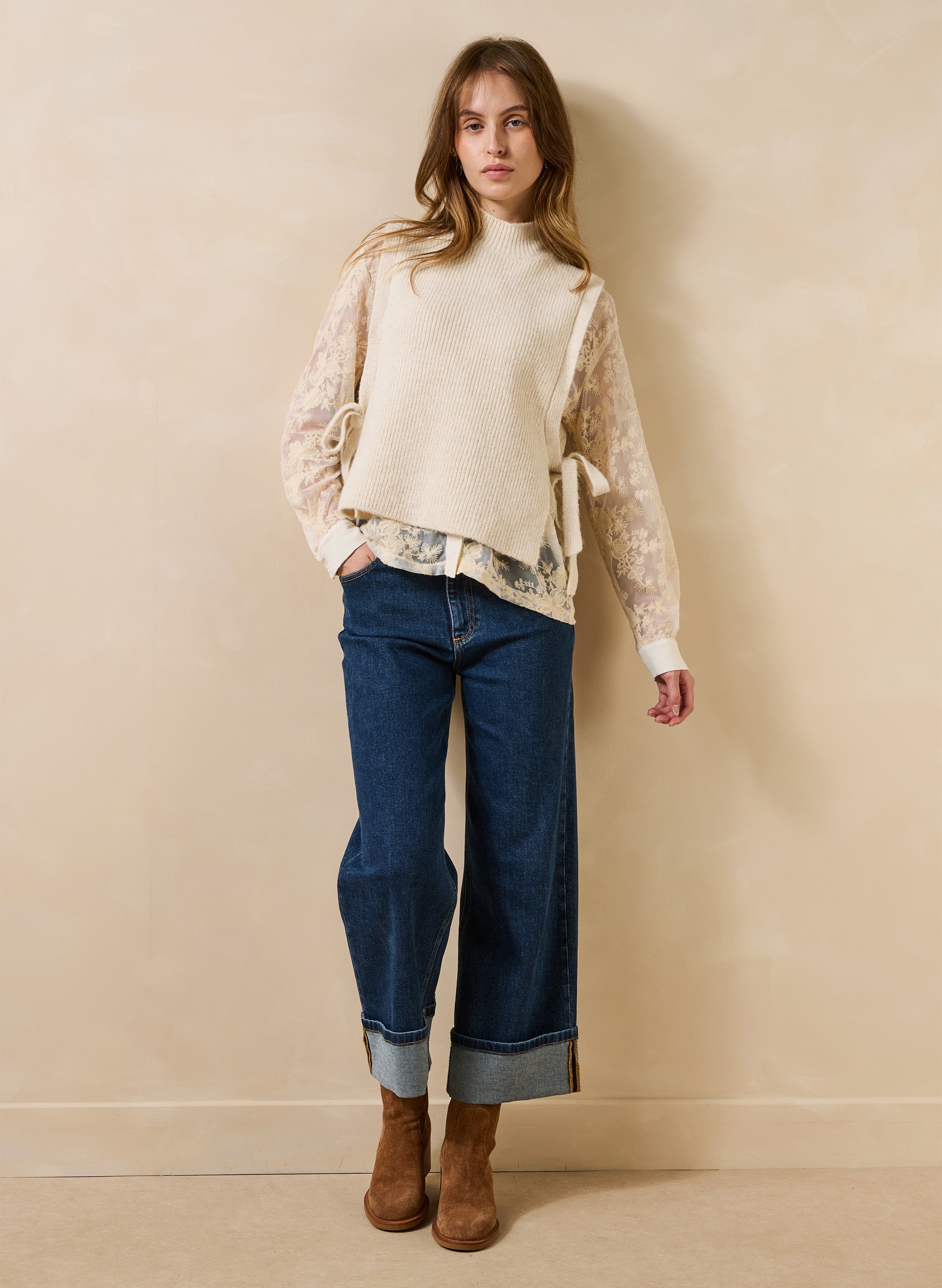 Pull col rond sans manches LA FEE MARABOUTEE Blanc