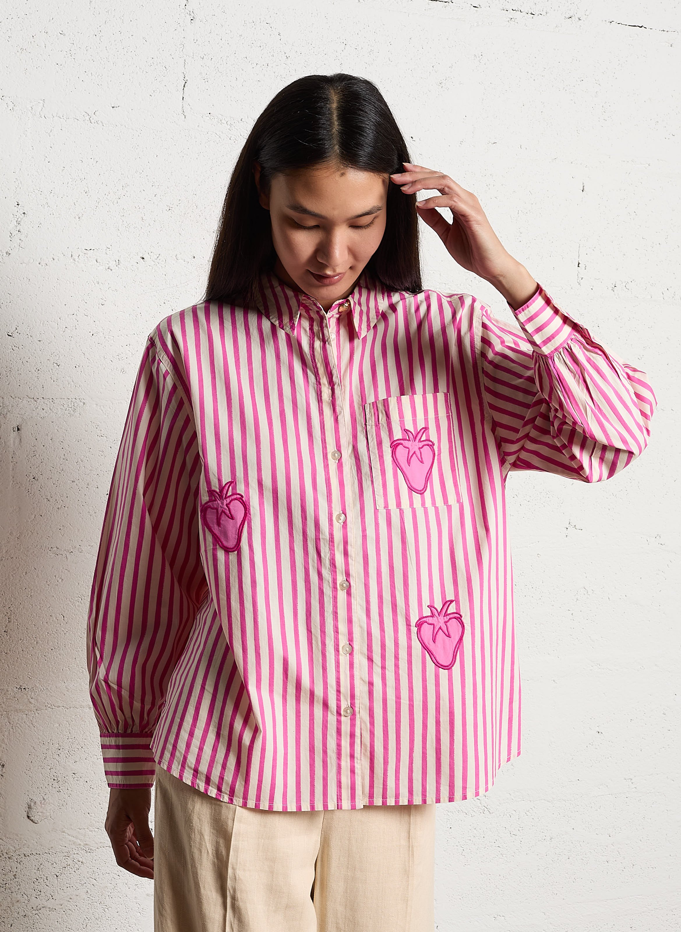 Striped organic cotton shirt with classic collar FABIENNE CHAPOT Pink