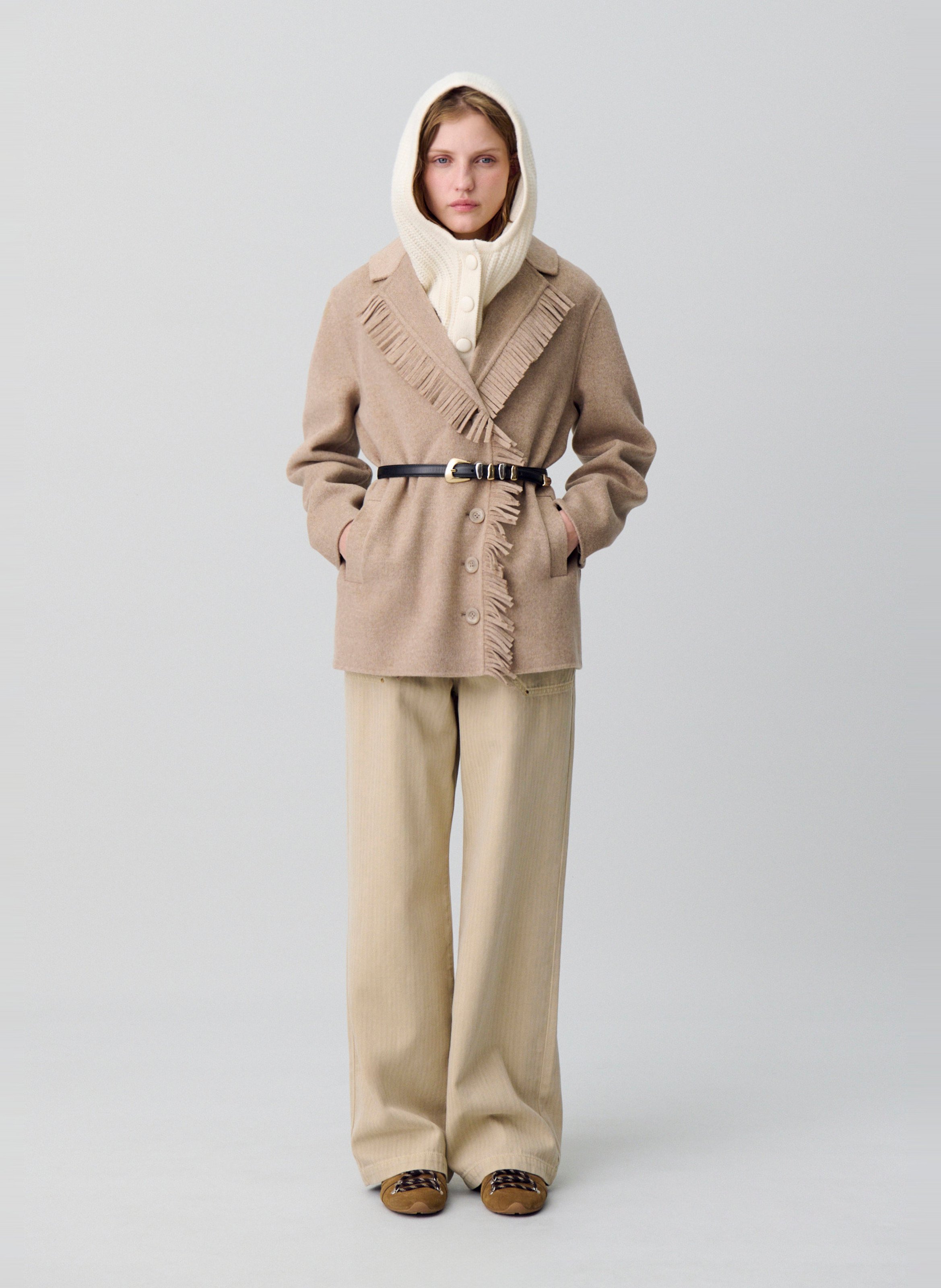 Kurzer Wollmantel mit Fransenkragen CLAUDIE PIERLOT Beige