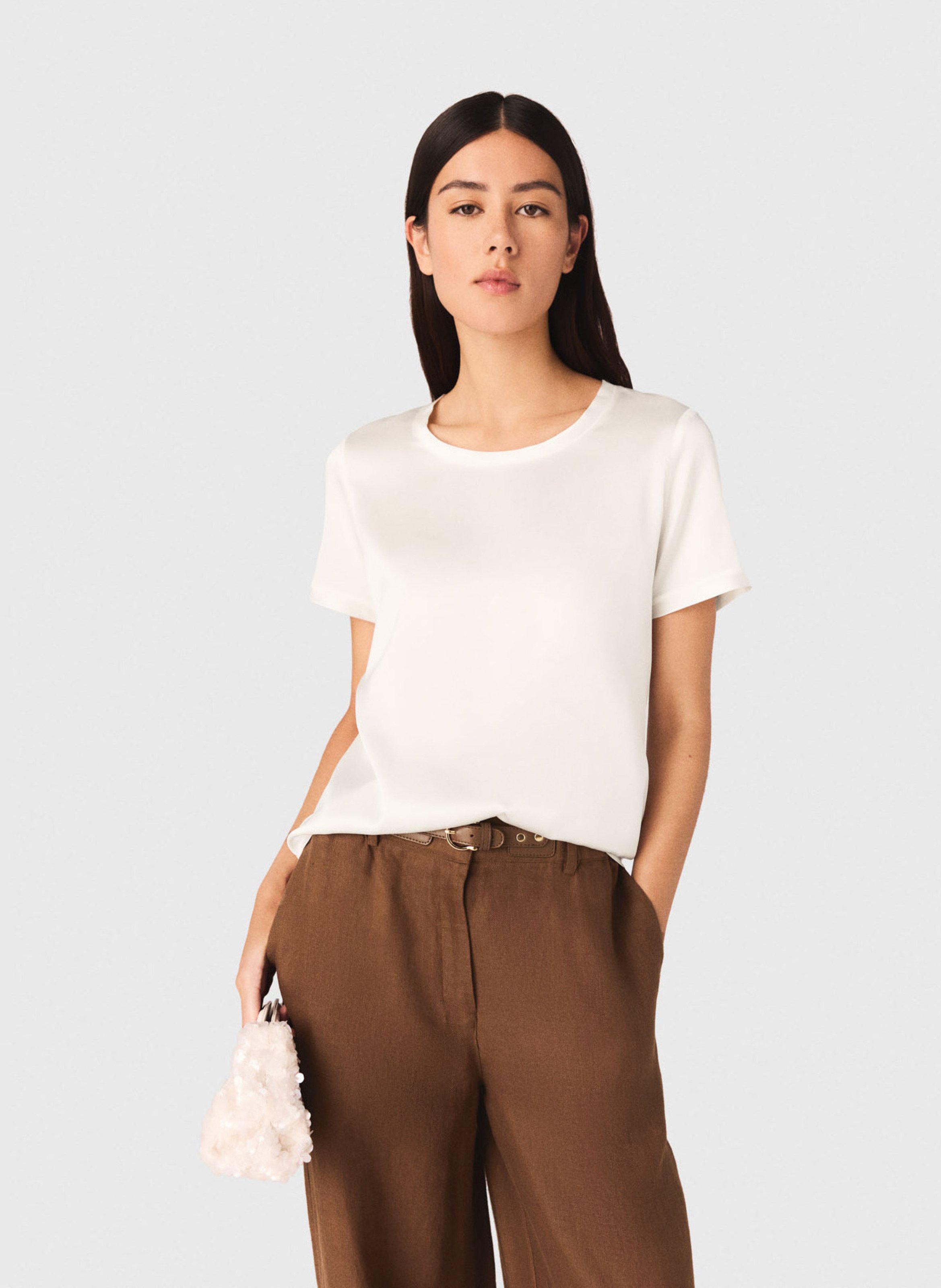 T-shirt droit col rond en soie mélangée MAJE