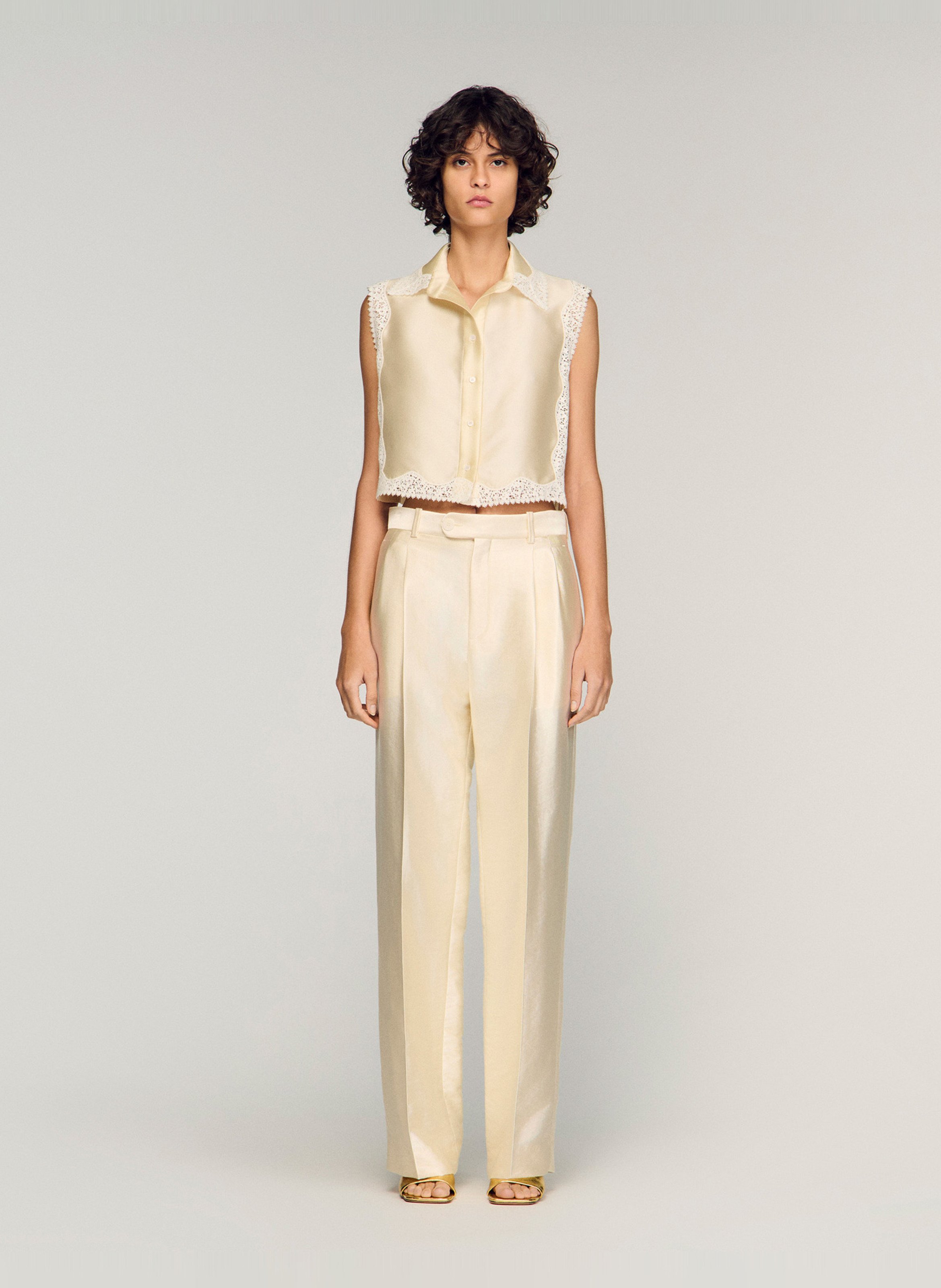 Pantalon large coton mélangé SANDRO Beige