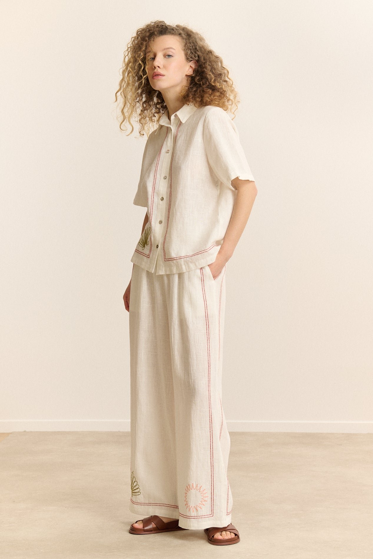 Wide elasticated trousers with embroidery GARANCE PARIS White