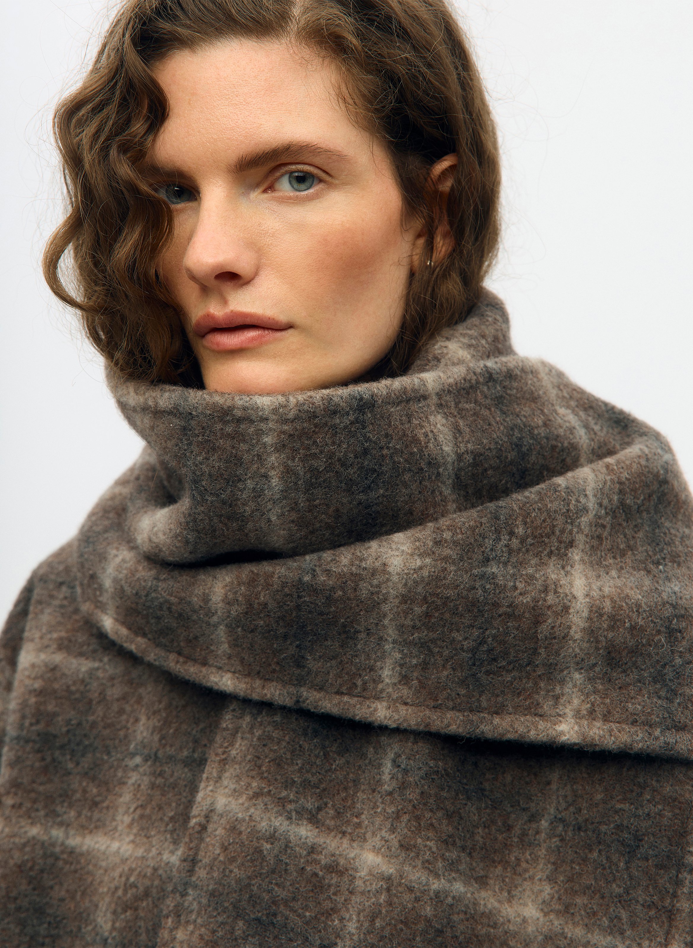Manteau droit col rond à carreaux OBJECT Marron