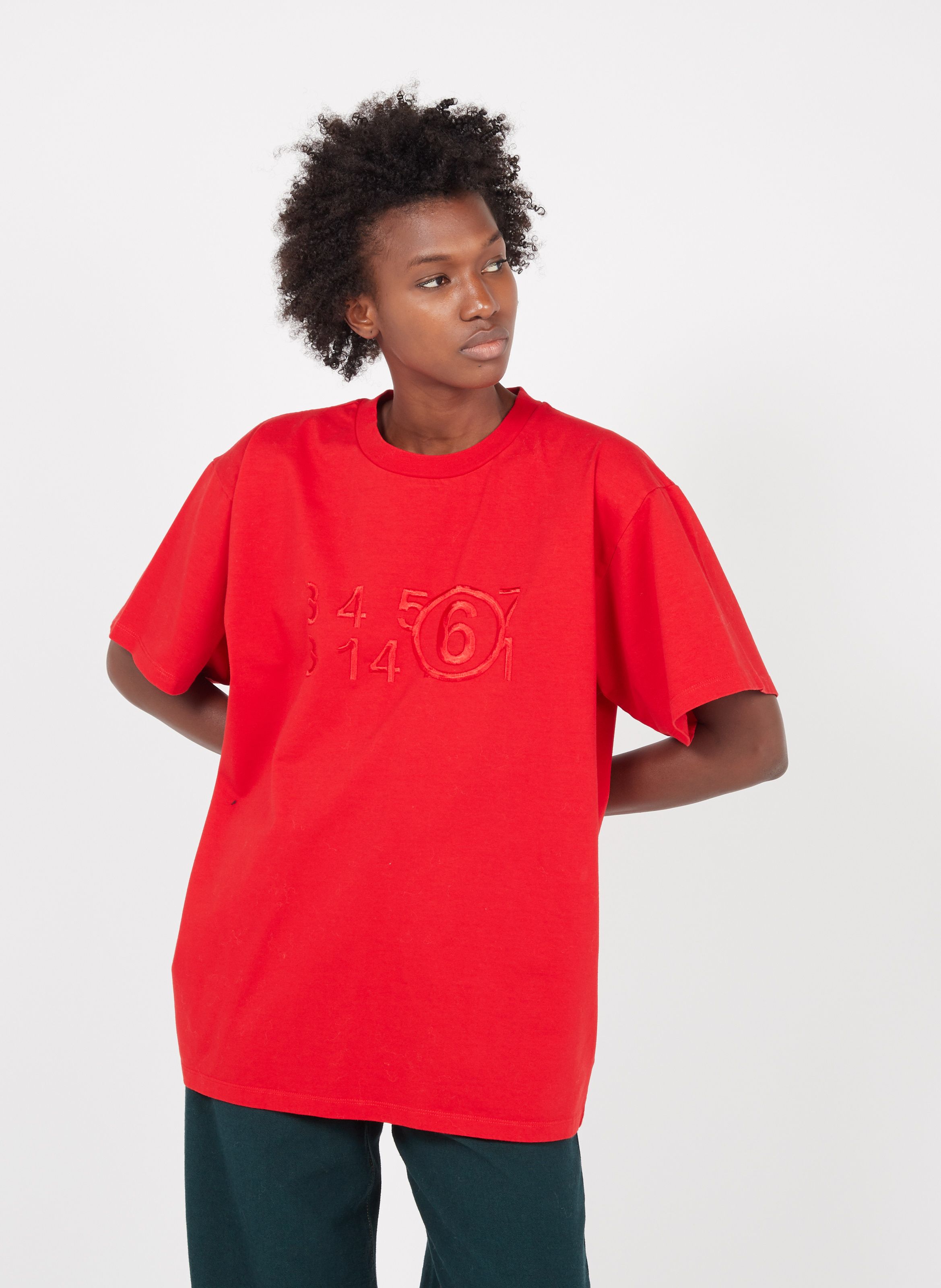 Red Loose-fit embroidered cotton T-shirt with round neck