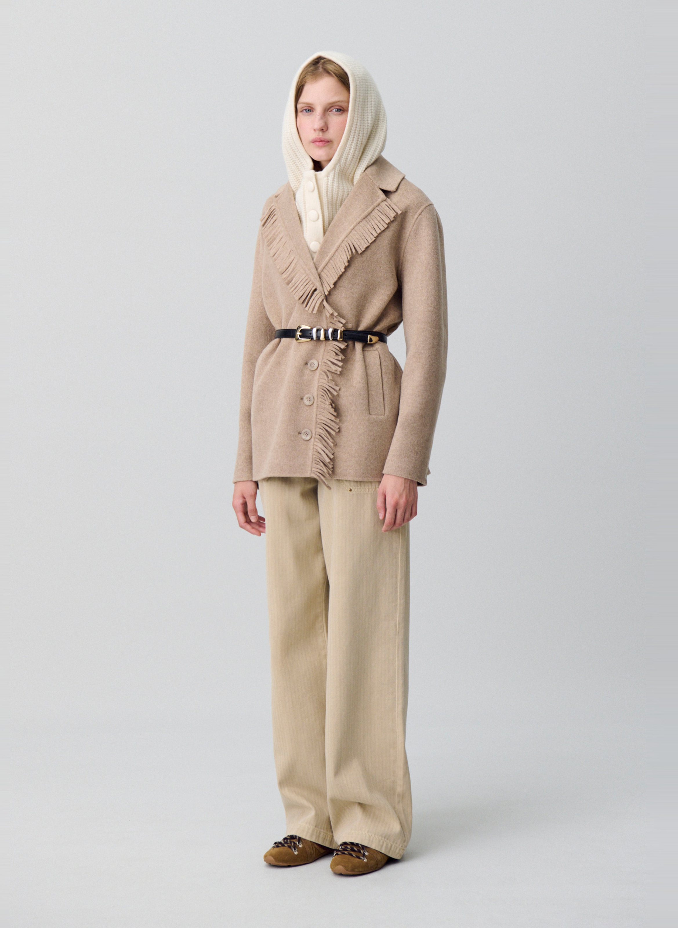Kurzer Wollmantel mit Fransenkragen CLAUDIE PIERLOT Beige