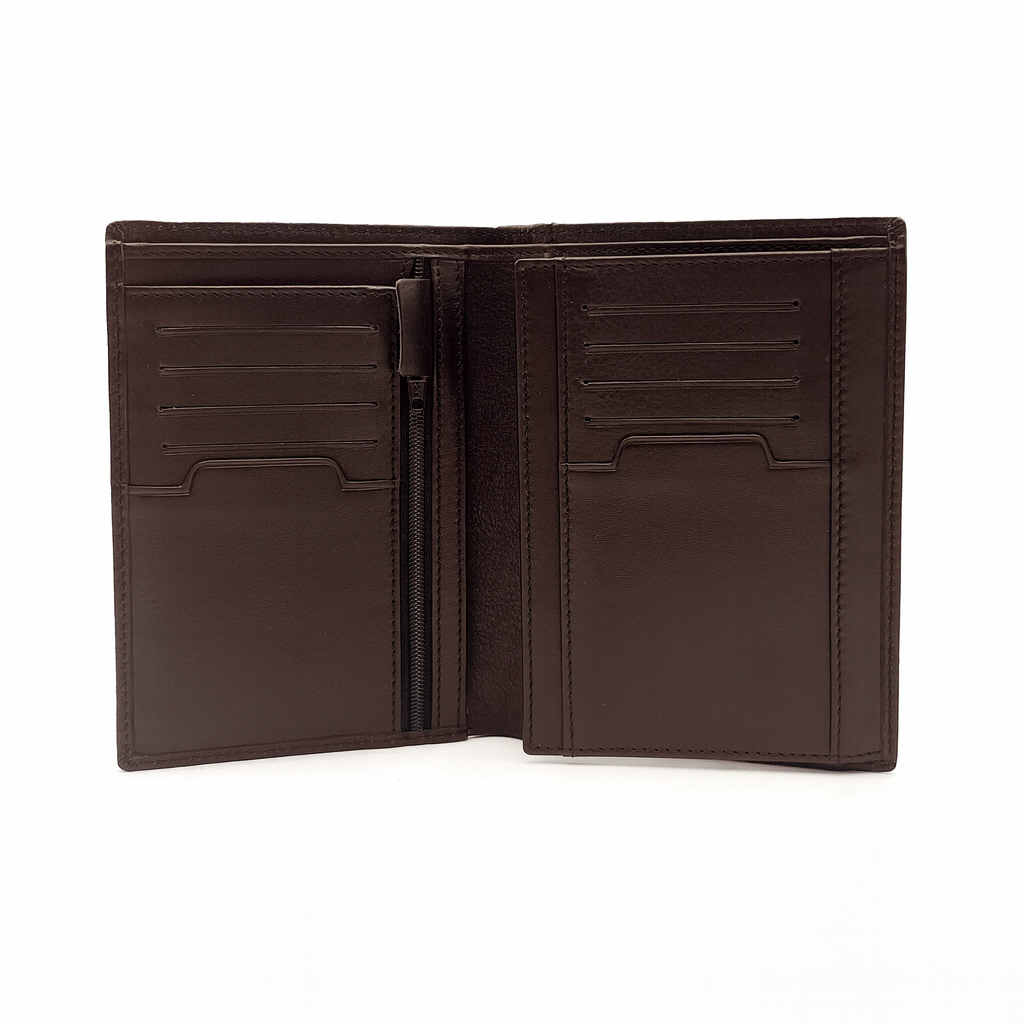 Vertical leather wallet with metal logo SERGE BLANCO Brown