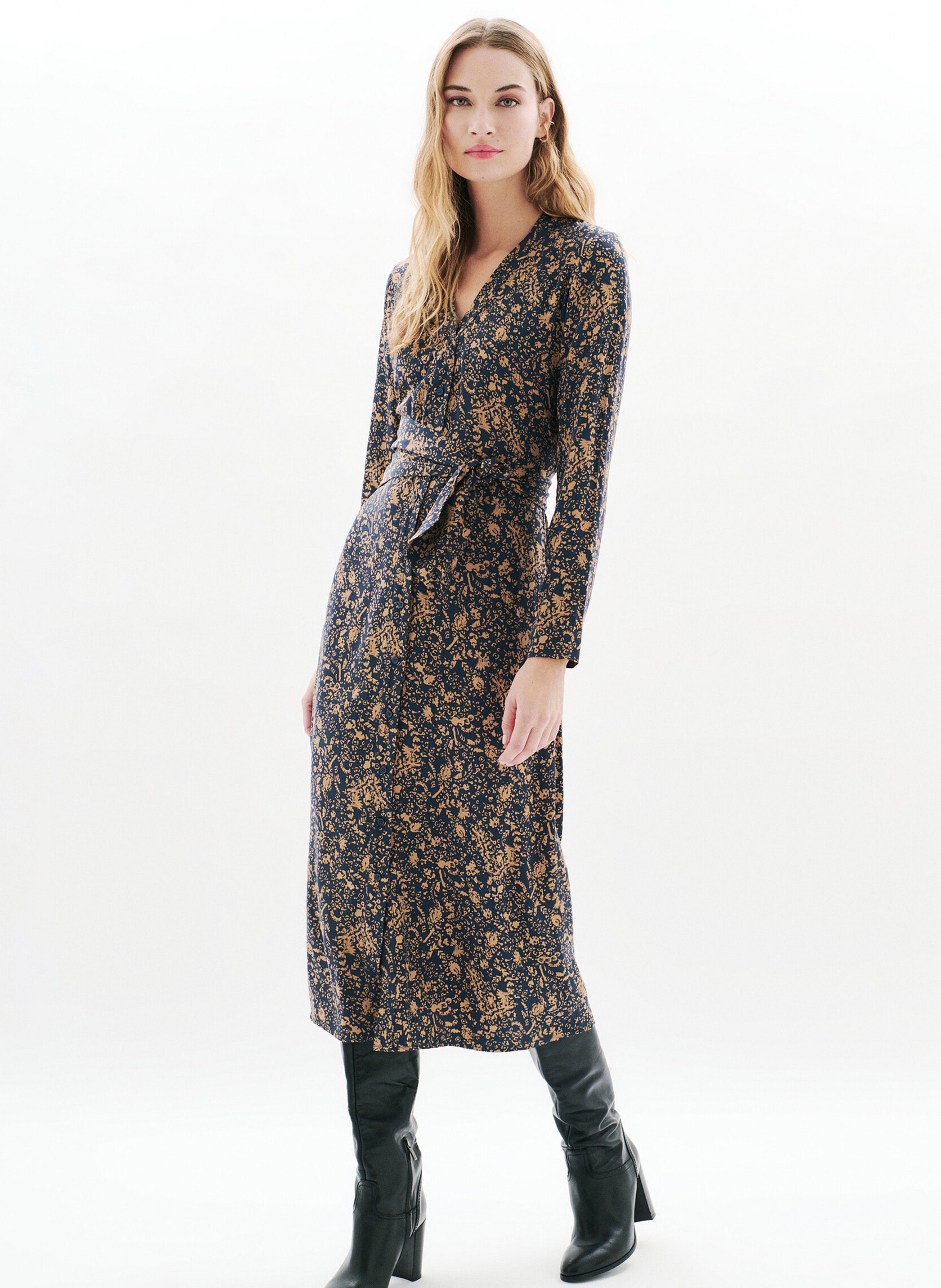 Robe midi imprimée col v CAROLL Noir