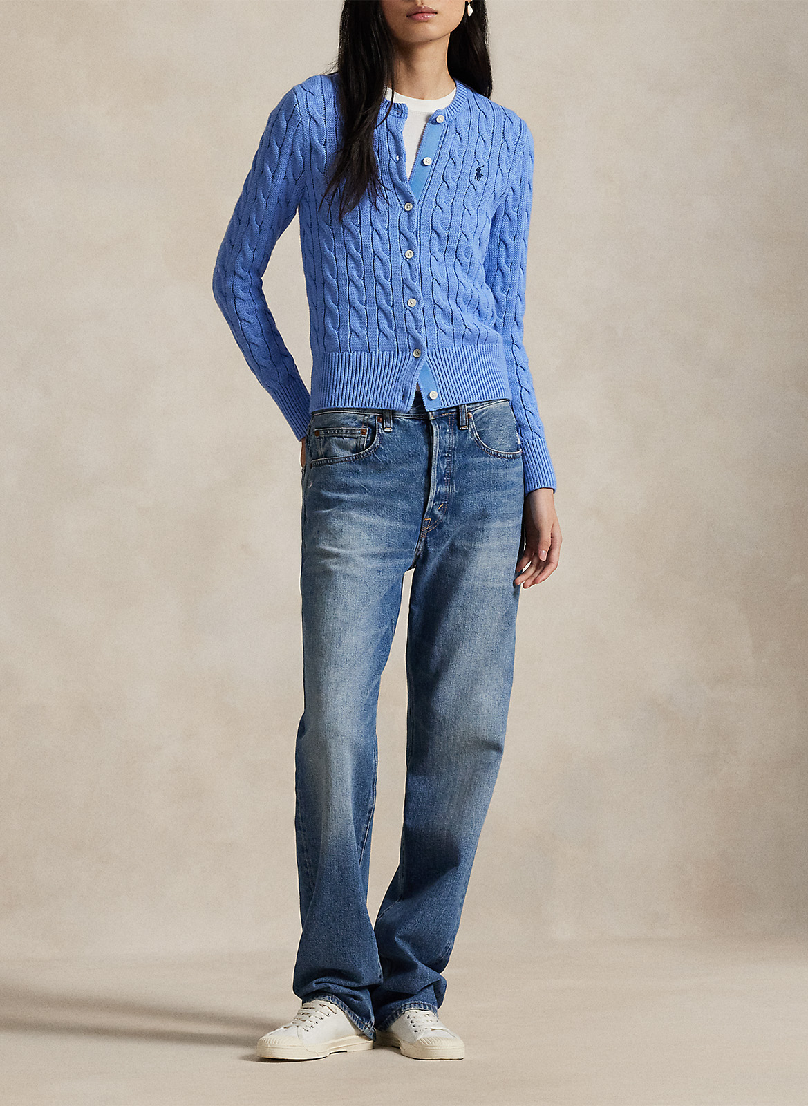 Cardigan droit col rond en coton POLO RALPH LAUREN Bleu