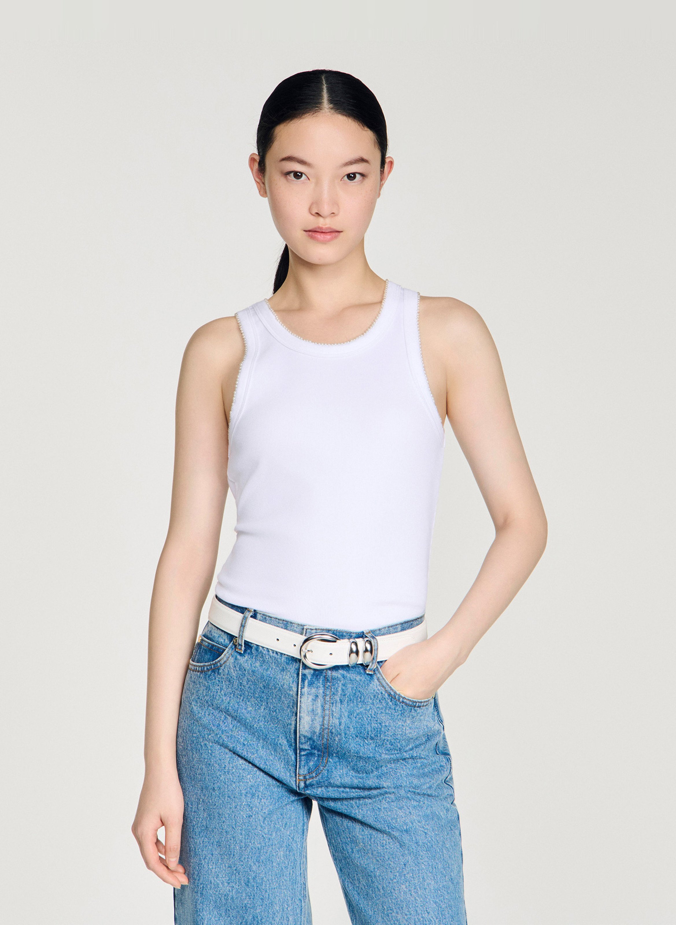 Round neck tank top in blended cotton SANDRO White