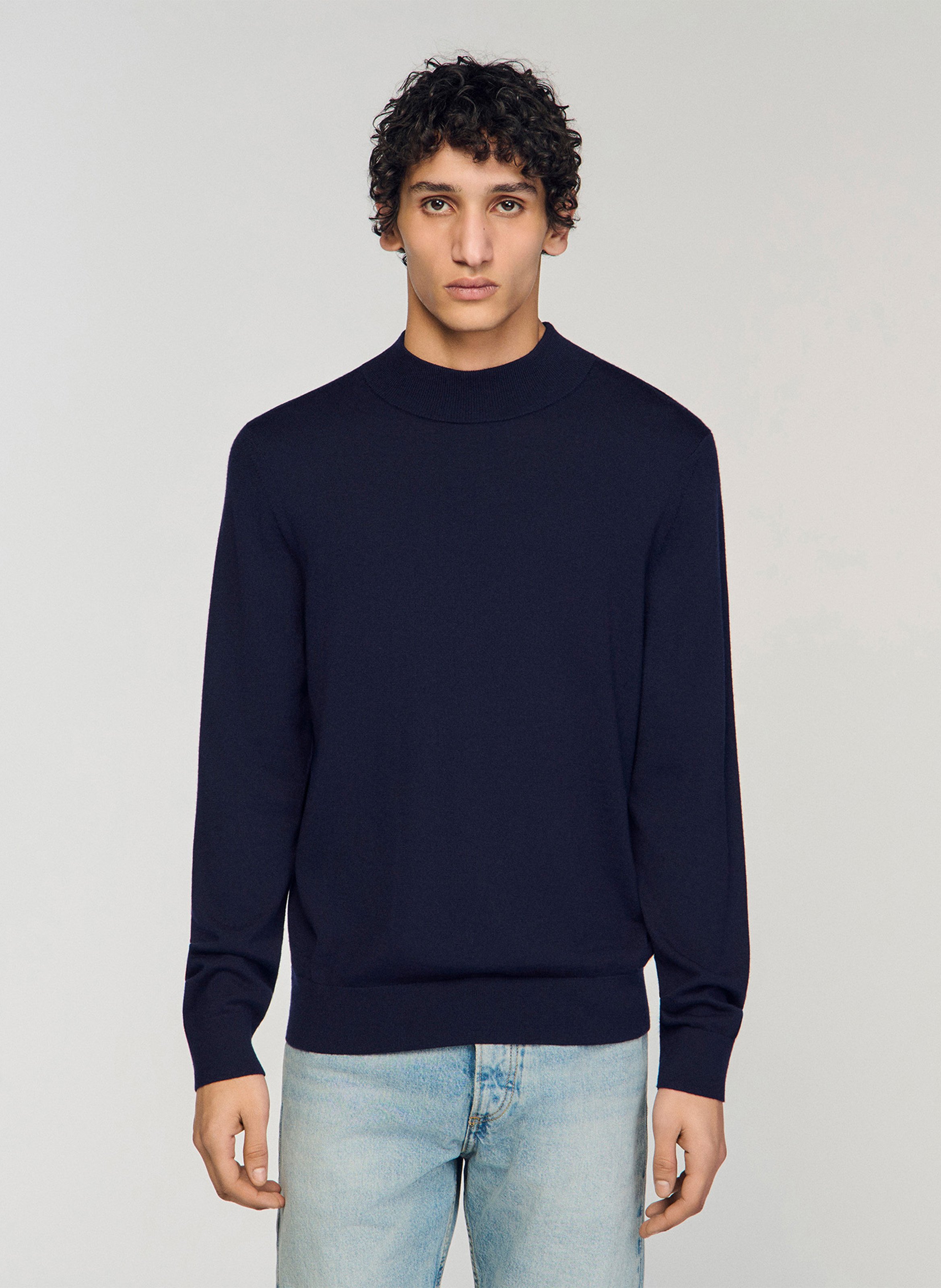 Pull droit manches longues uni en laine SANDRO Bleu