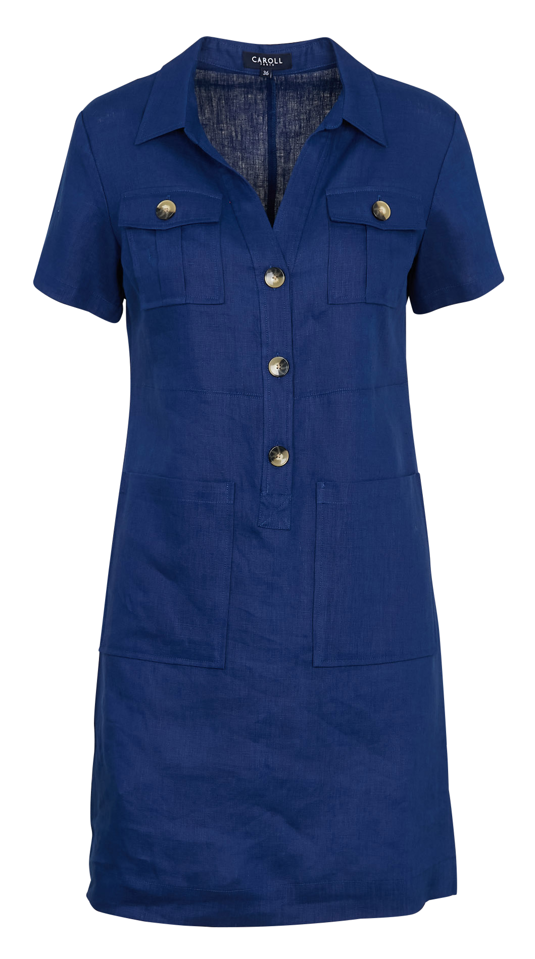 Robe courte droite boutonnée en lin CAROLL Bleu